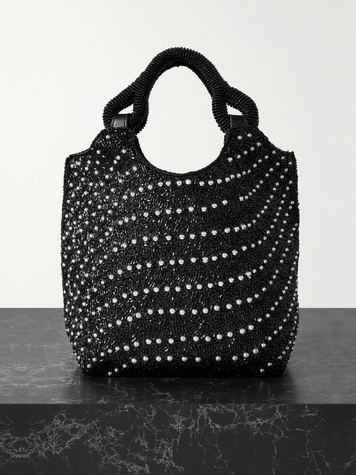 STAUD - Cote Faux Leather-trimmed Beaded Satin Tote - Black