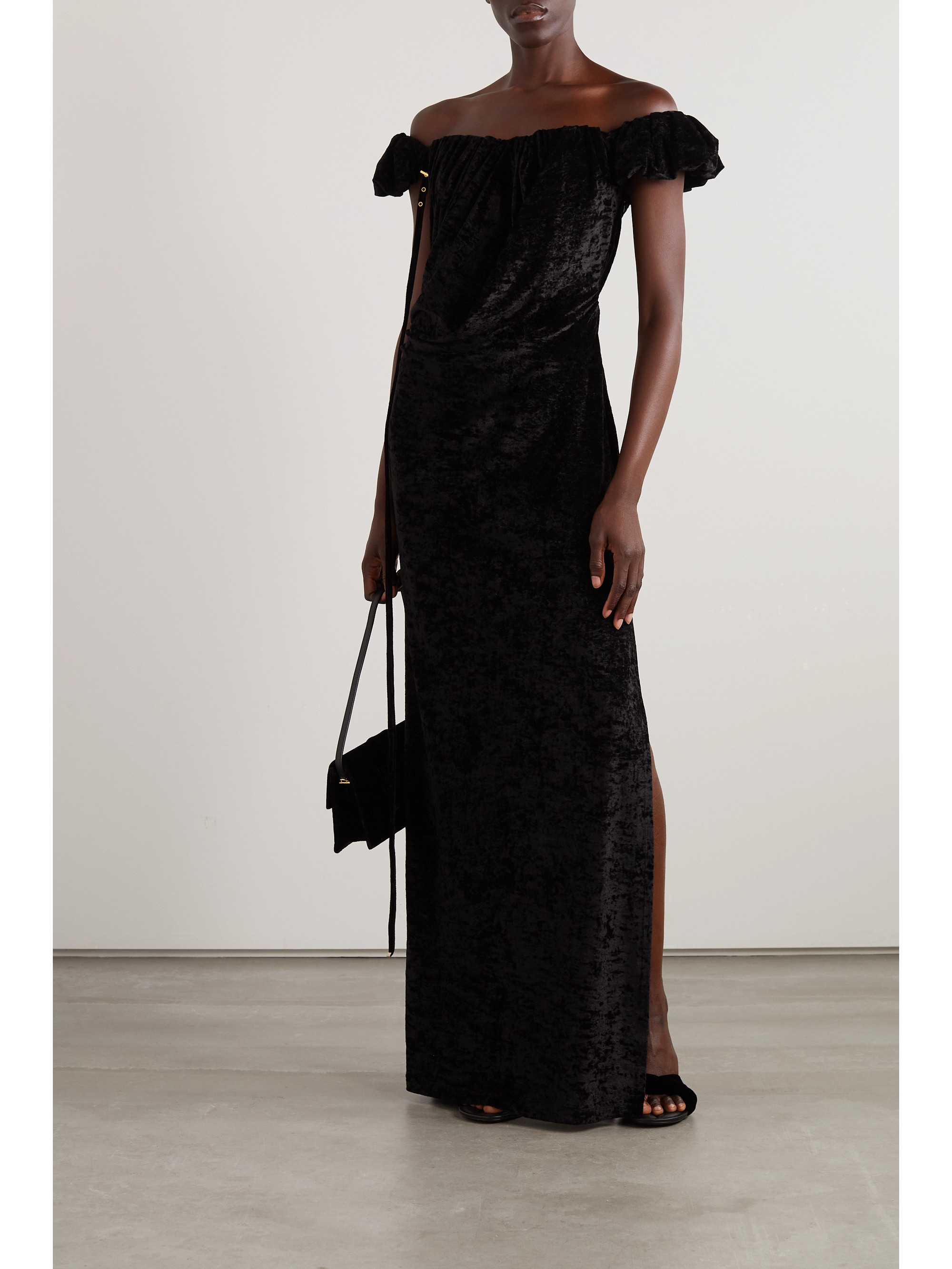 Jacquemus Off-the-shoulder embellished stretch-velour gown