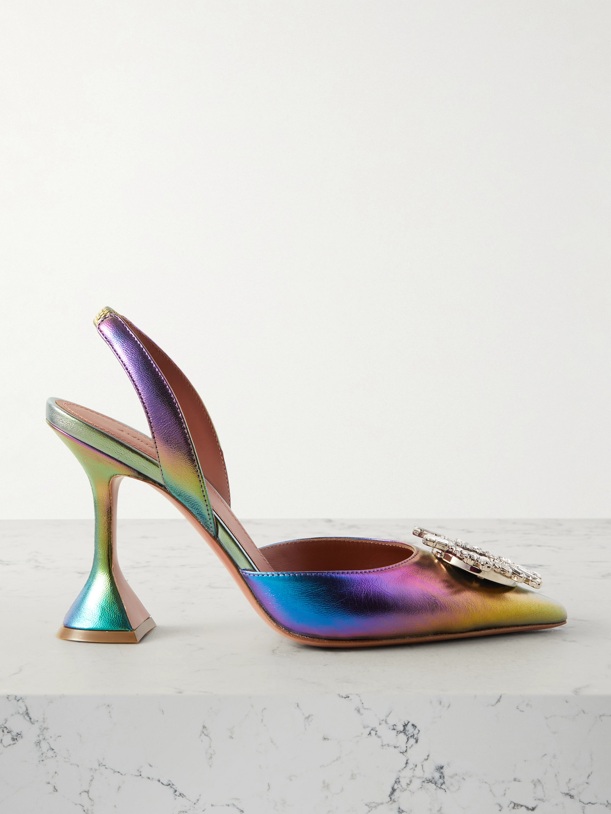 Shop Amina Muaddi Begum Swarovski Crystal-embellished Metallic Leather Slingback Pumps In Multi