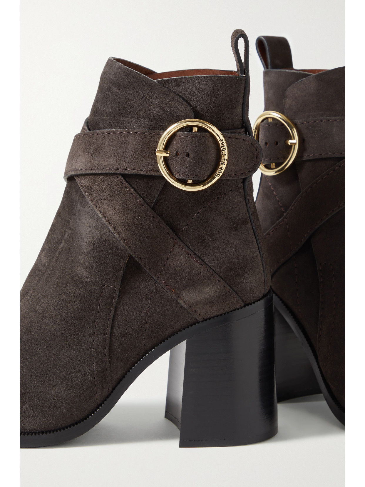 See By Chloé Lyna Buckled Suede Ankle Boots In Gray