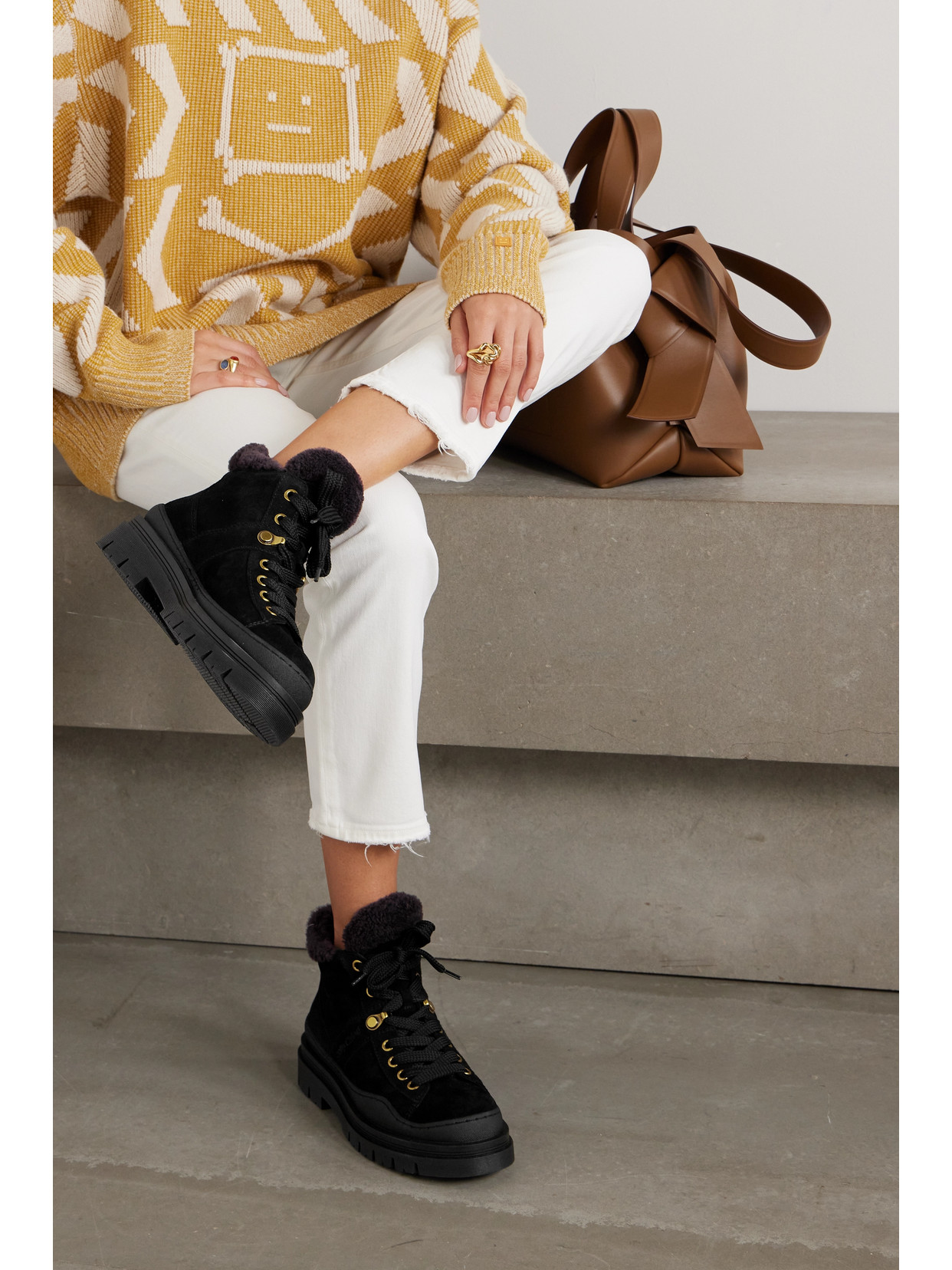 See By Chloé Maeliss Suede Shearling Lace-up Booties In Black
