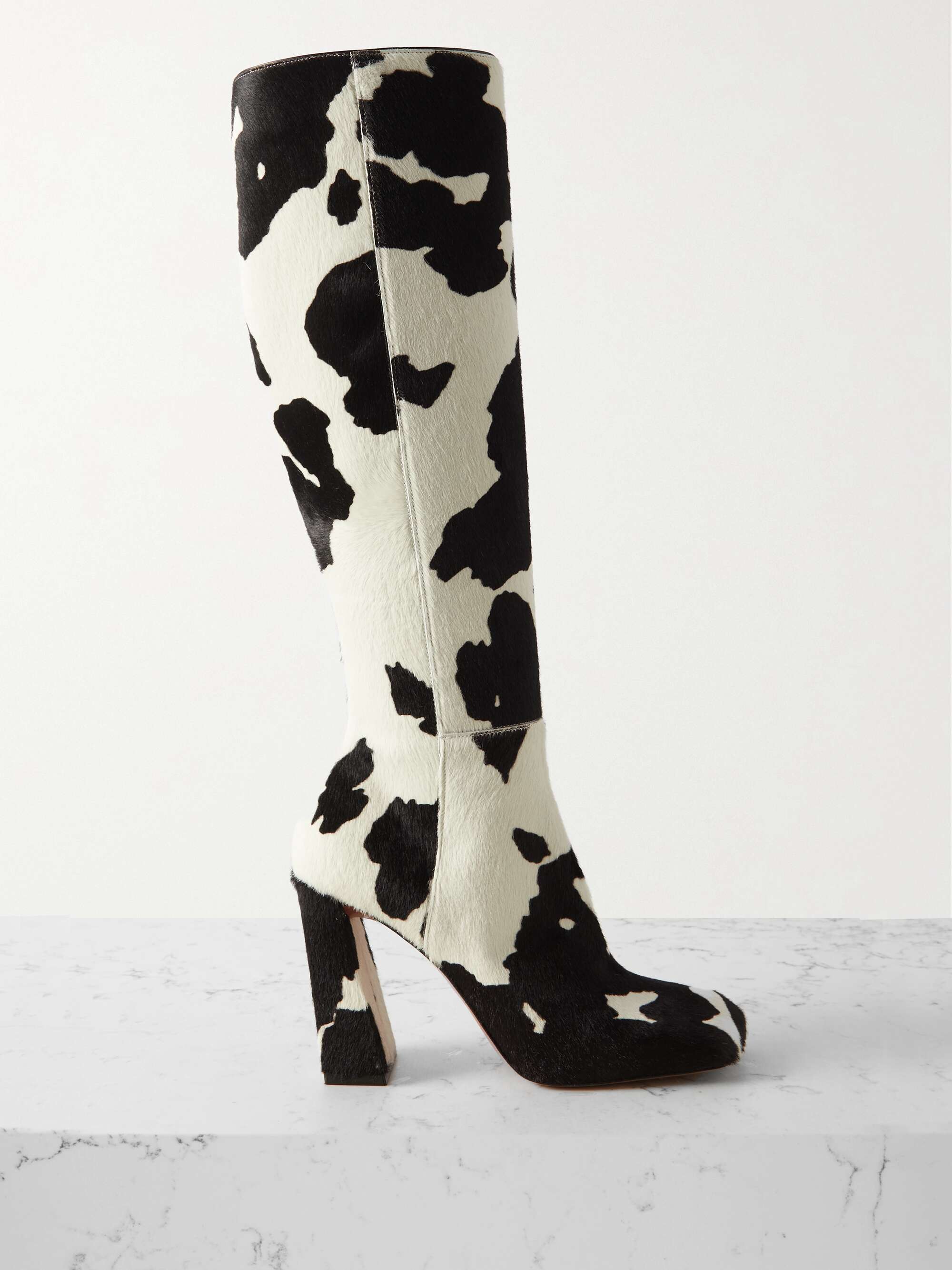 AMINA MUADDI Marine cow-print pony hair knee boots | NET-A-PORTER