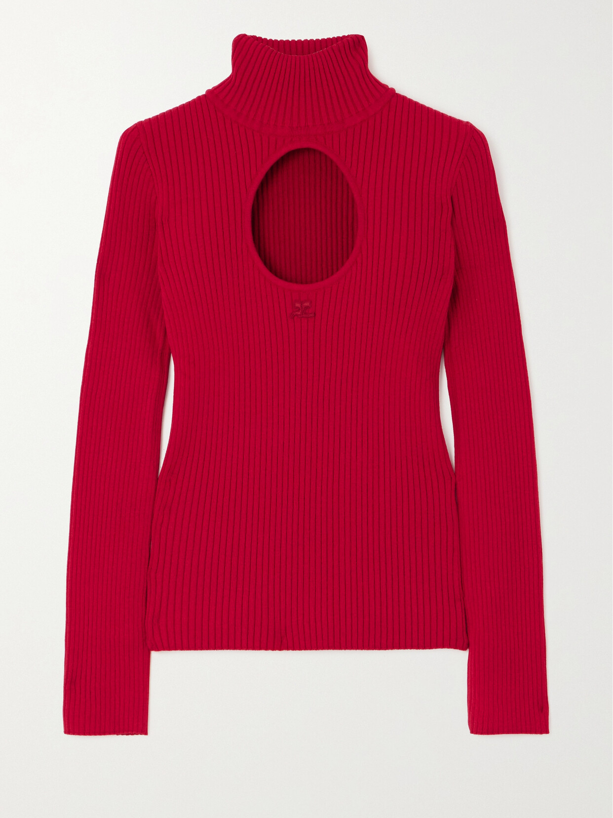 Shop Courrèges Cutout Ribbed-knit Turtleneck Sweater In Red