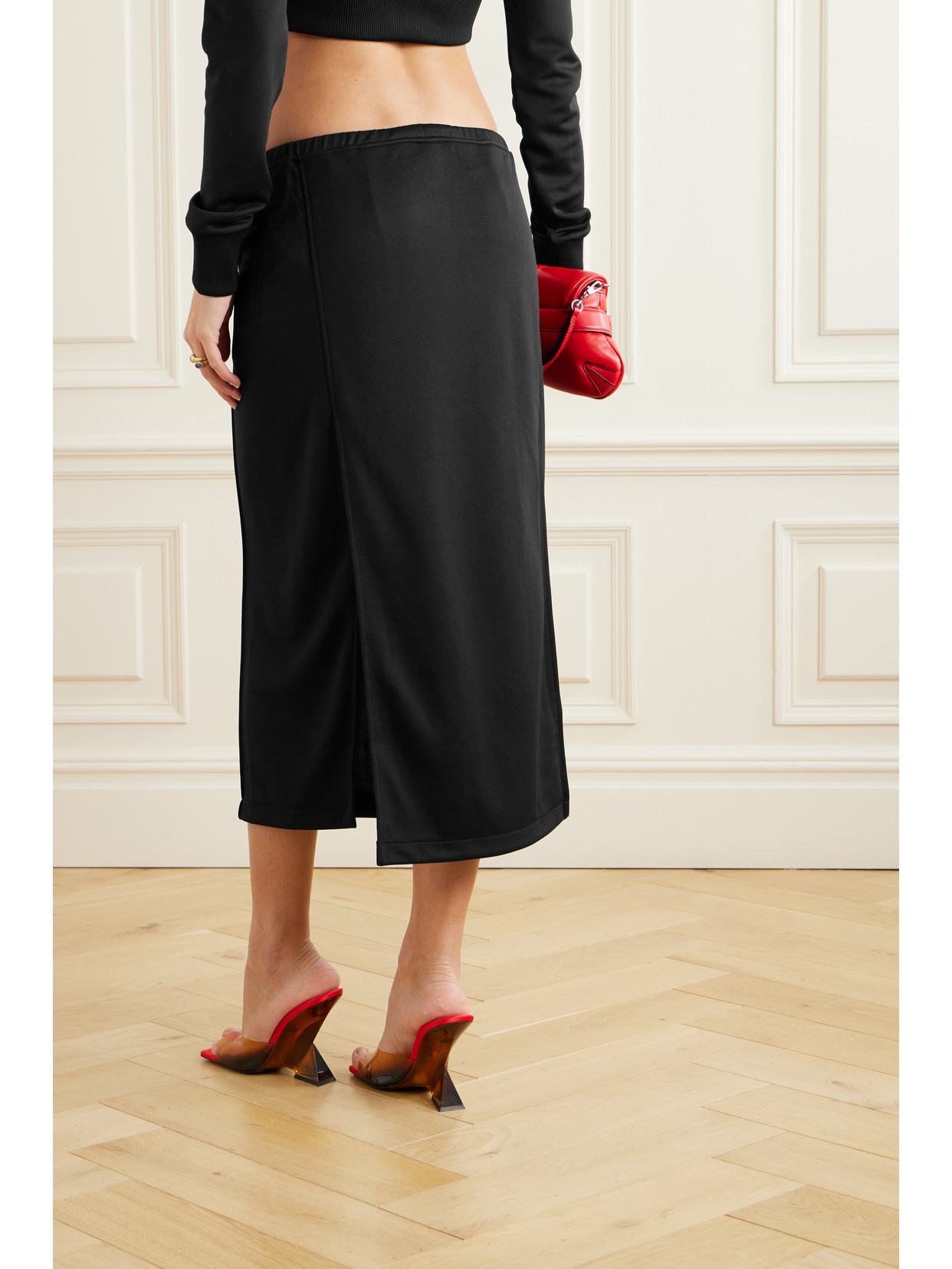 Courrèges Tracksuit Interlock Paneled Jersey Midi Skirt In Black
