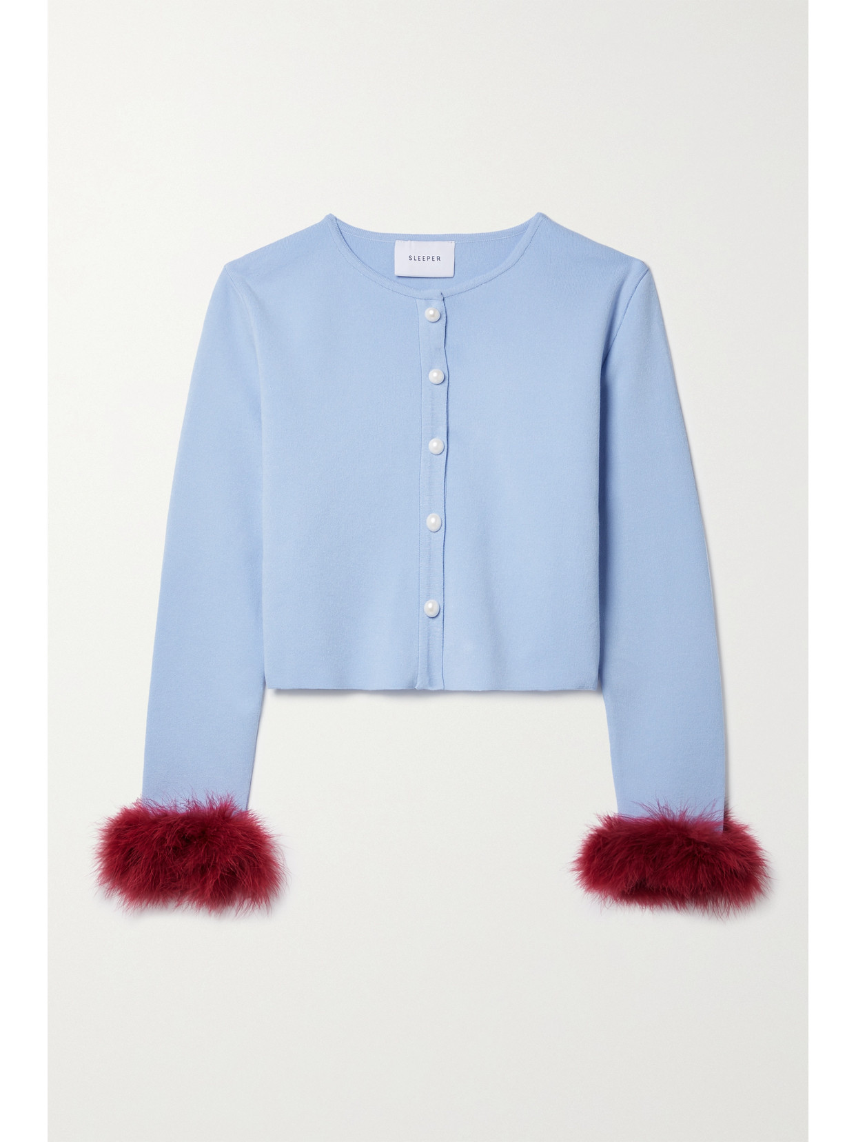 Sleeper Convertible Cropped Feather-trimmed Knitted Cardigan In Blue