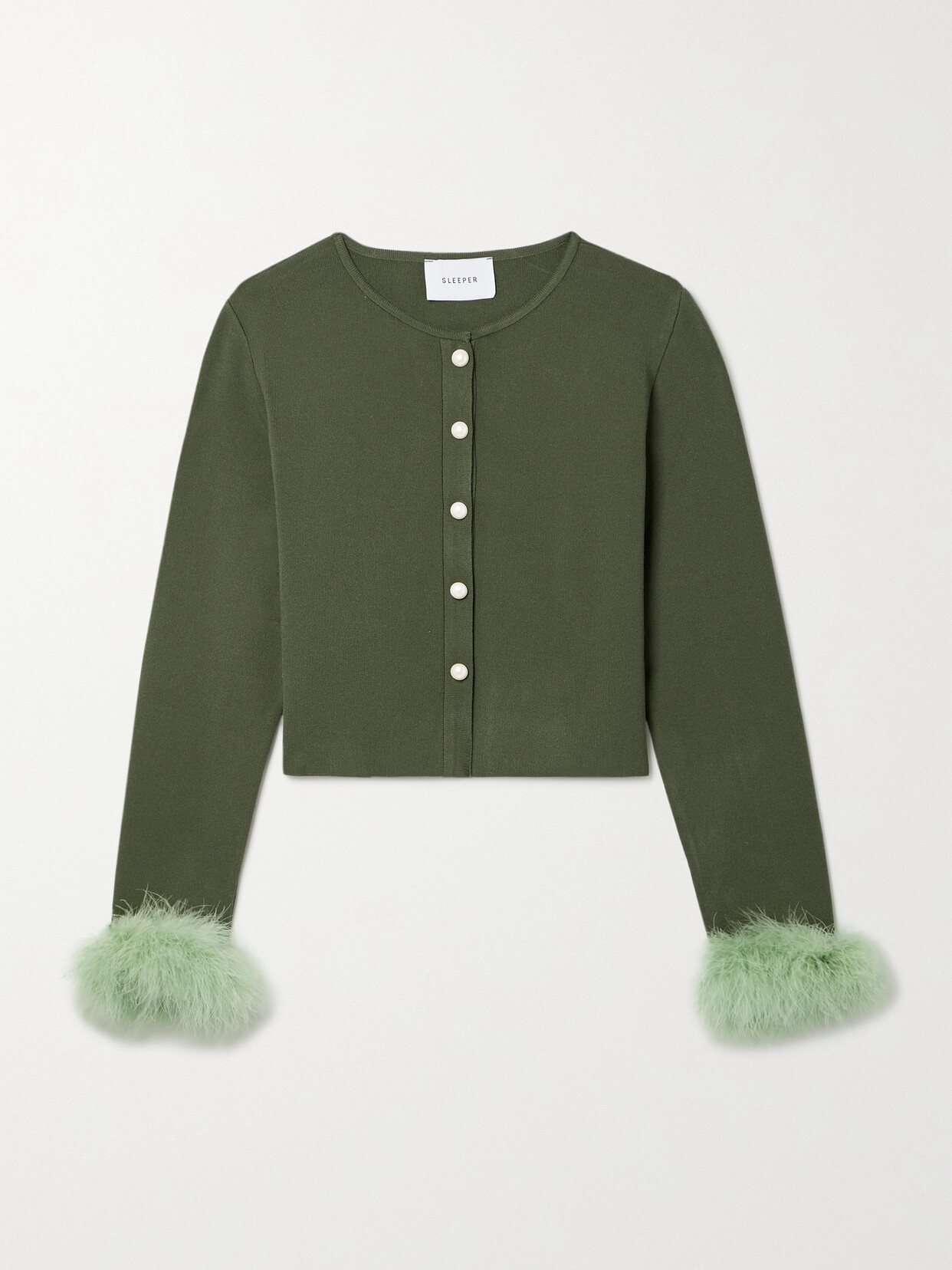 Sleeper + Net Sustain Convertible Cropped Feather-trimmed Knitted Cardigan In Green