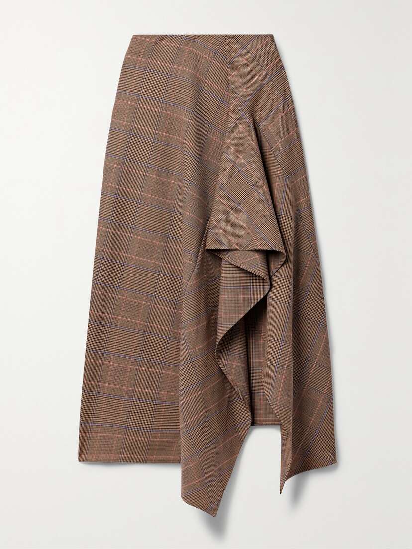 A.L.C. Navy Asymmetric Draped Checked Woven Midi Skirt