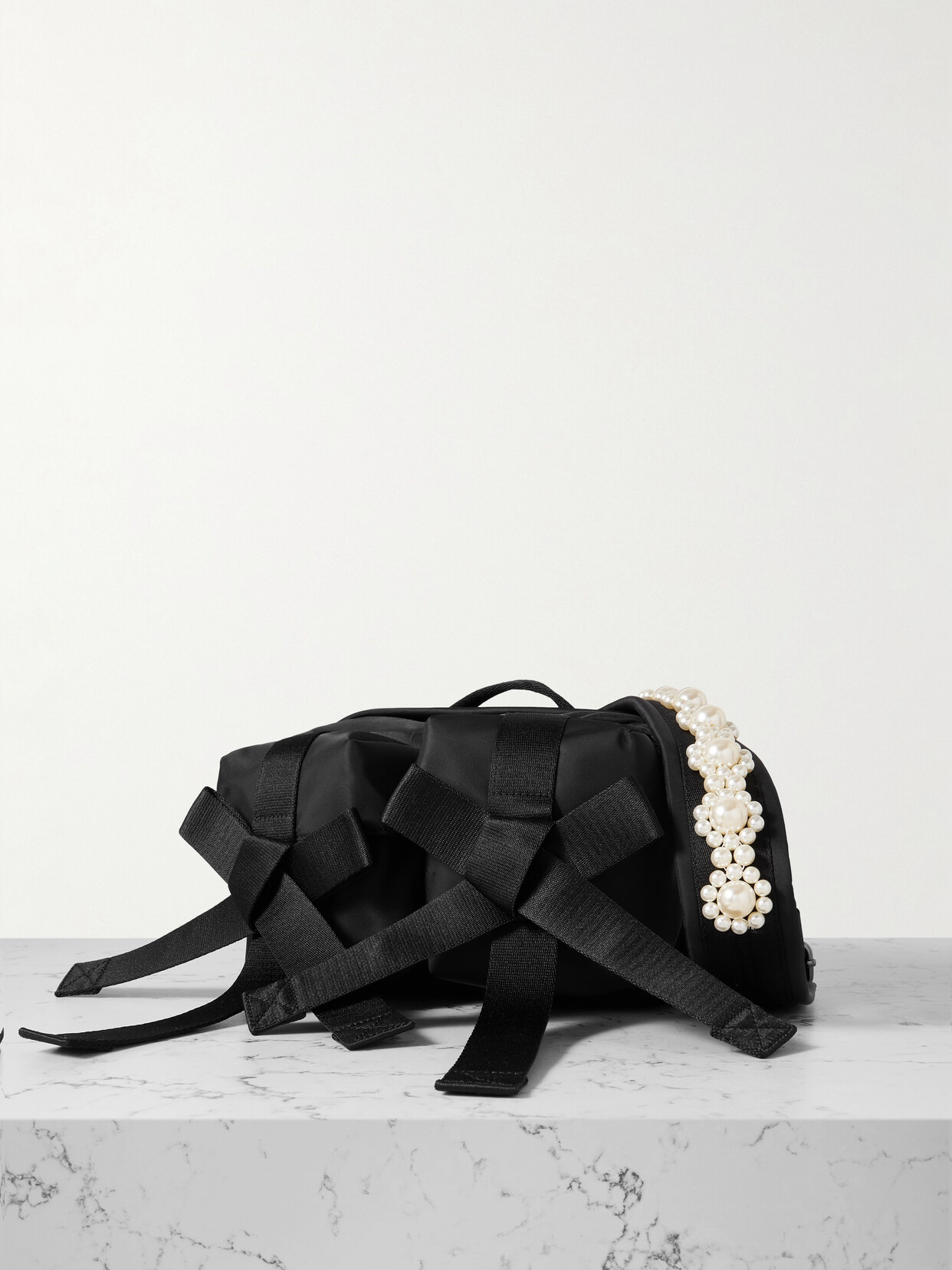 Simone Rocha Bow And Faux Pearl-embellished Shell Belt Bag In Black