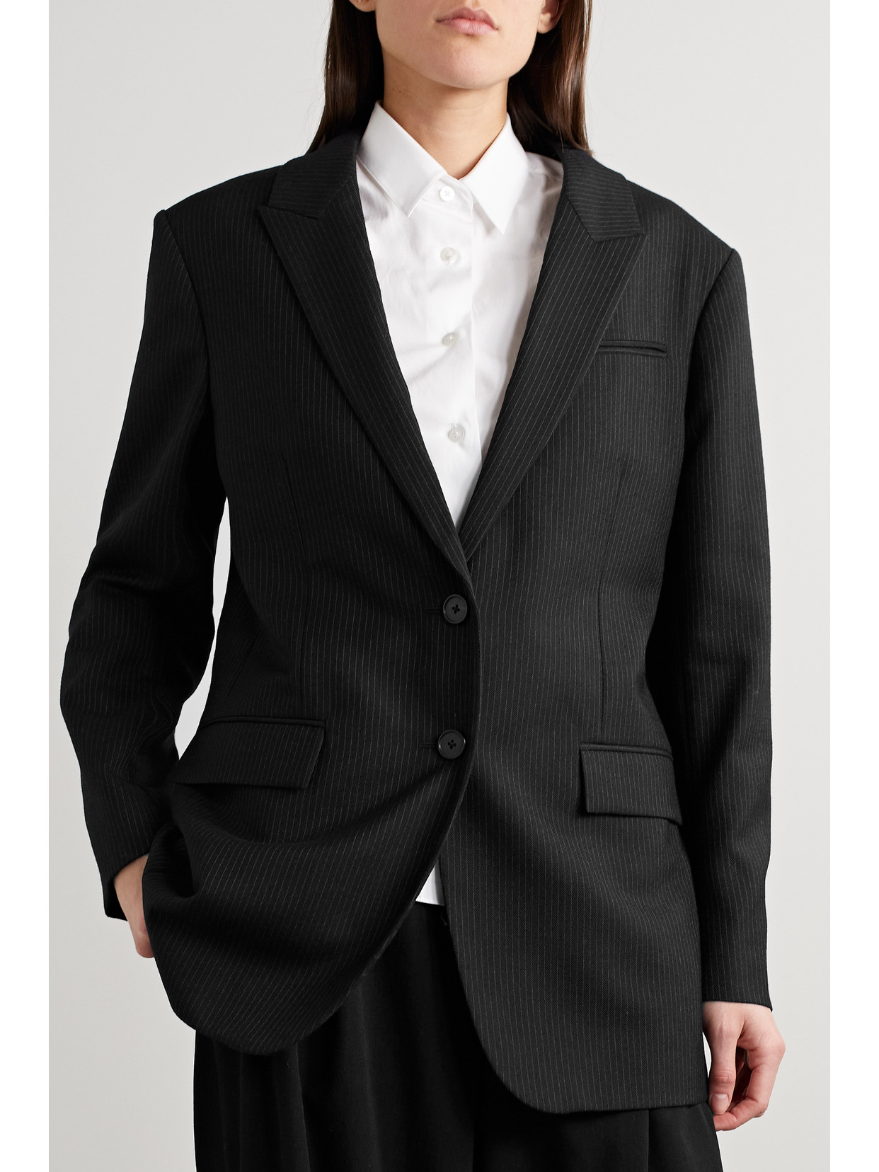 The Row Laudonia Pinstriped Wool Blazer In Black