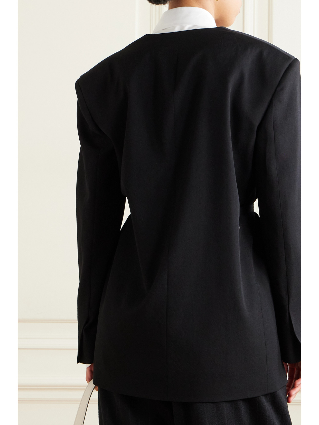 The Row Clio Belted Collarless Wool Serge Jacket In Black