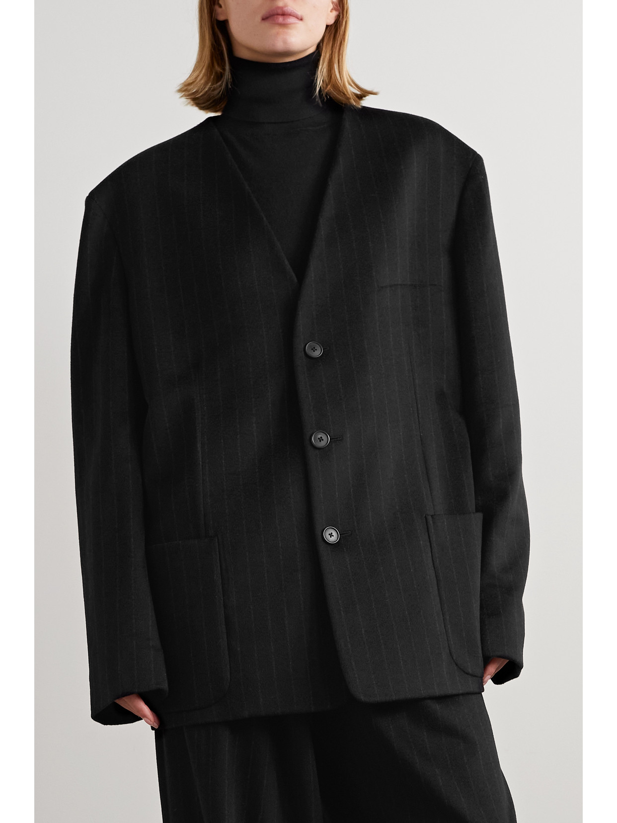 Shop The Row Torania Oversized Pinstriped Cashmere Blazer In Black