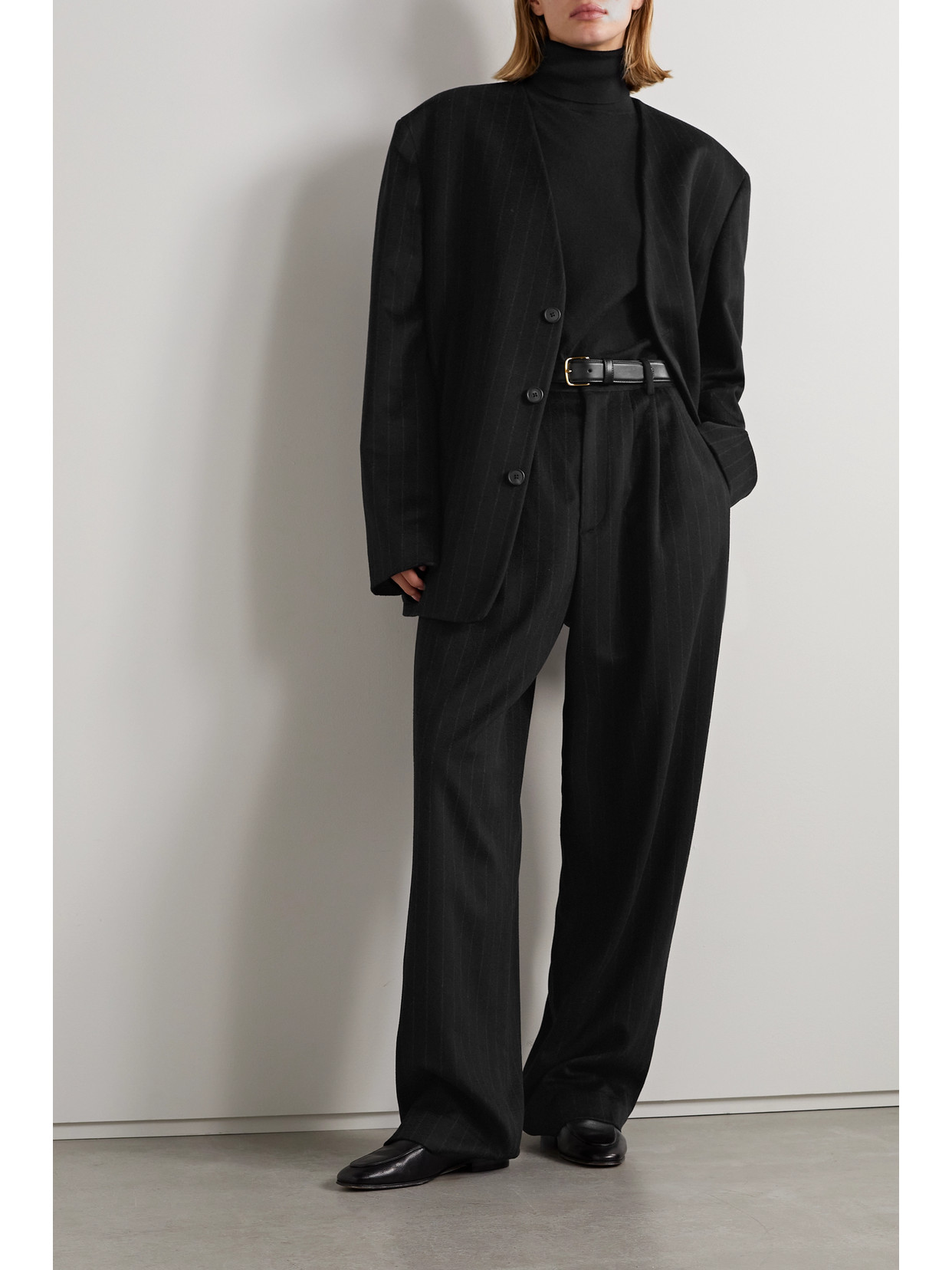 The Row Torania Oversized Pinstriped Cashmere Blazer In Black