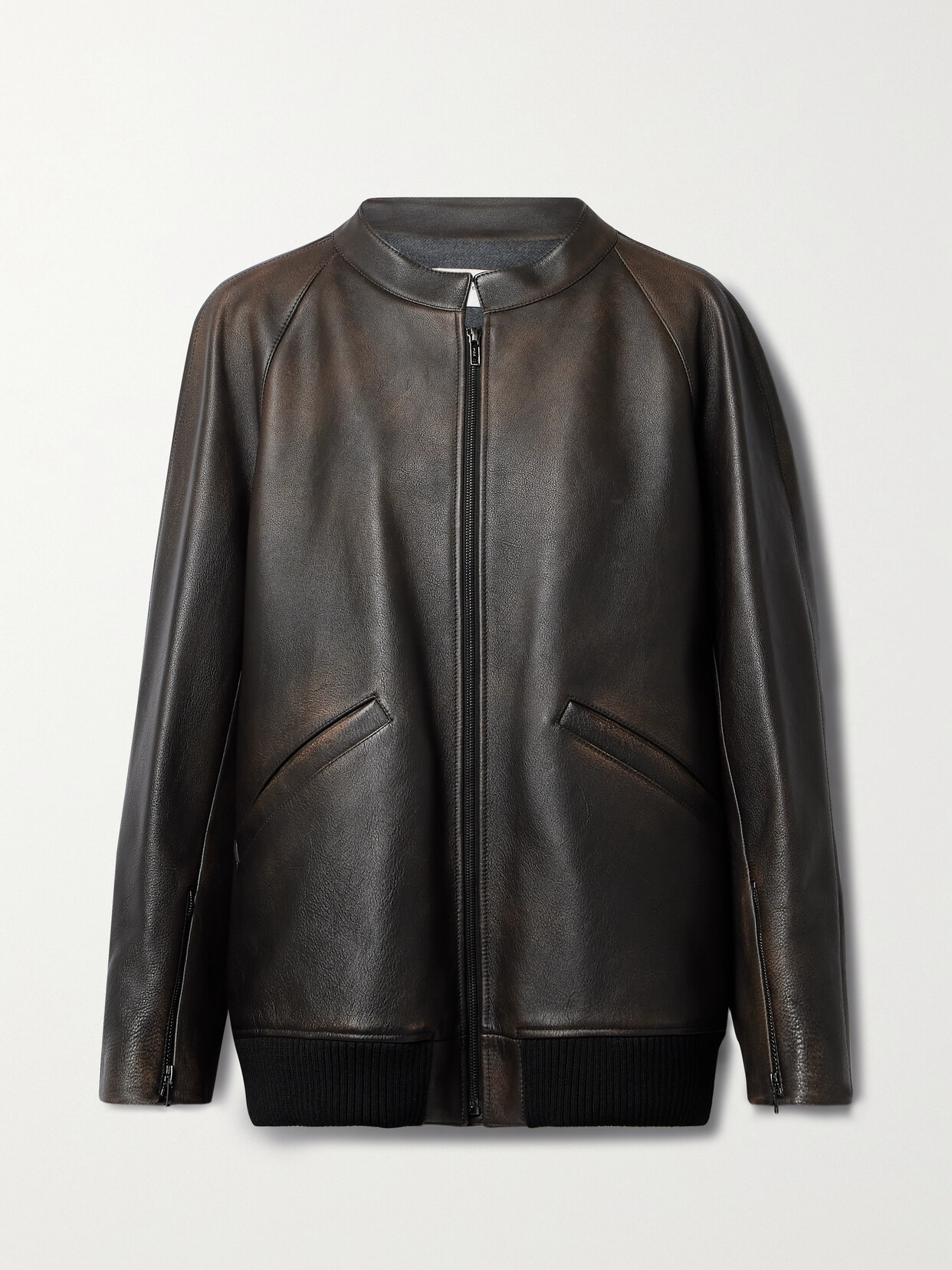 The Row - Kengia Distressed Leather Bomber Jacket - Brown