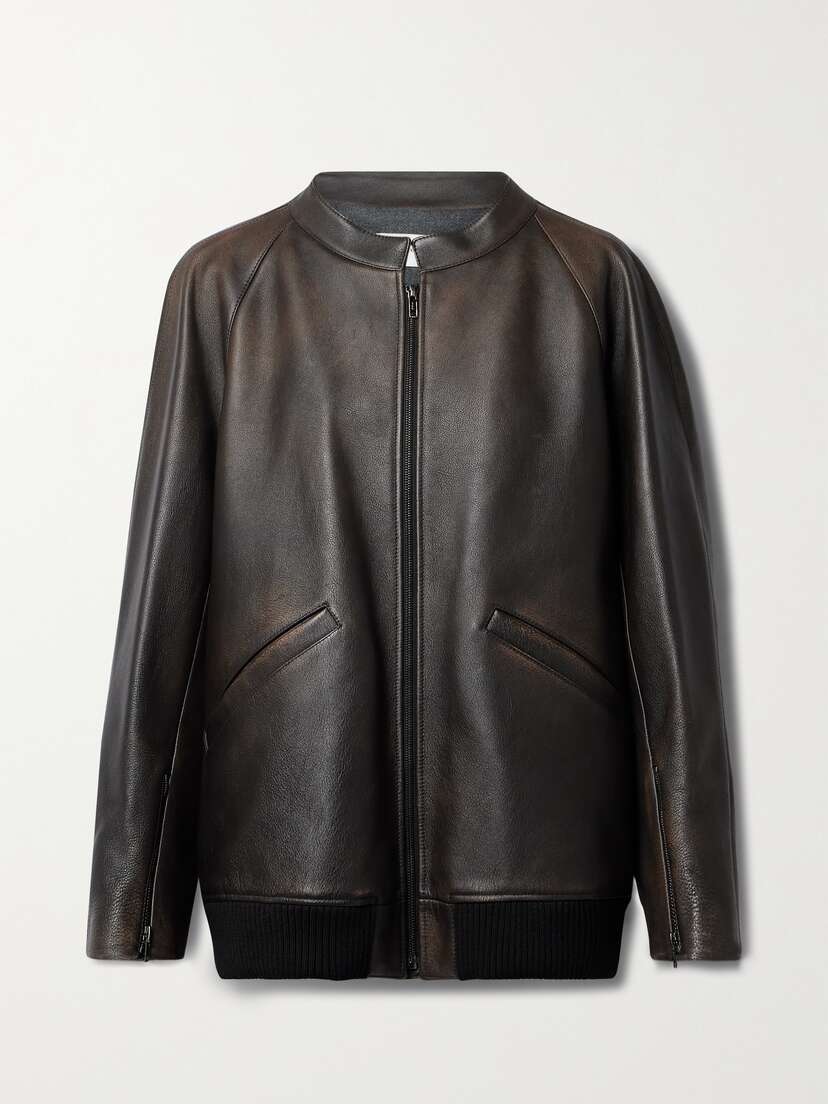 The Row Kengia Distressed Leather Bomber Jacket