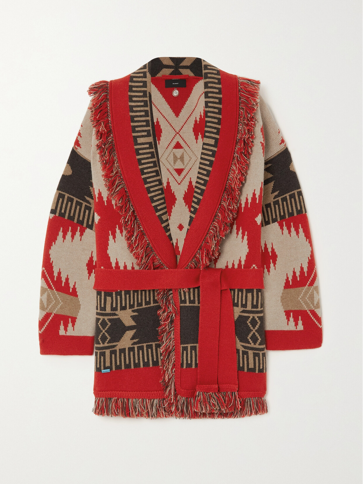 Alanui Geometric Cashmere Jacquard Belted Icon Cardigan In Red