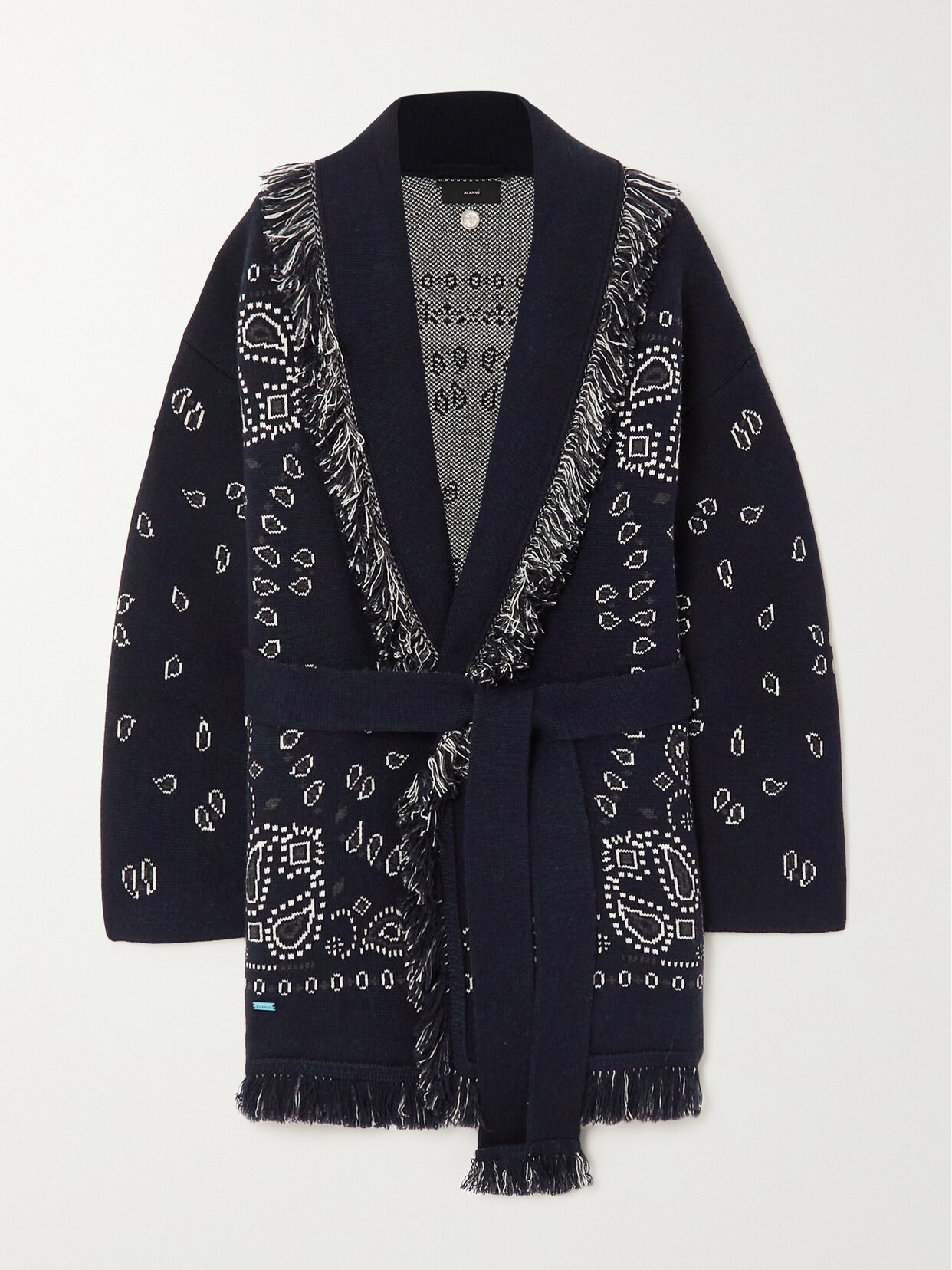 Shop Alanui Belted Fringed Cashmere-jacquard Cardigan In Blue