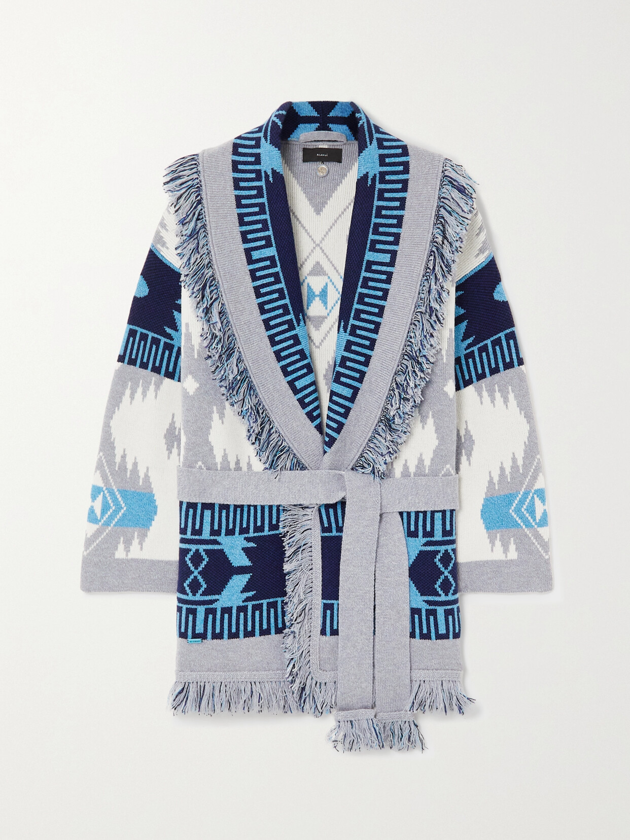 Alanui - Icon Belted Fringed Cashmere-jacquard Cardigan - Blue