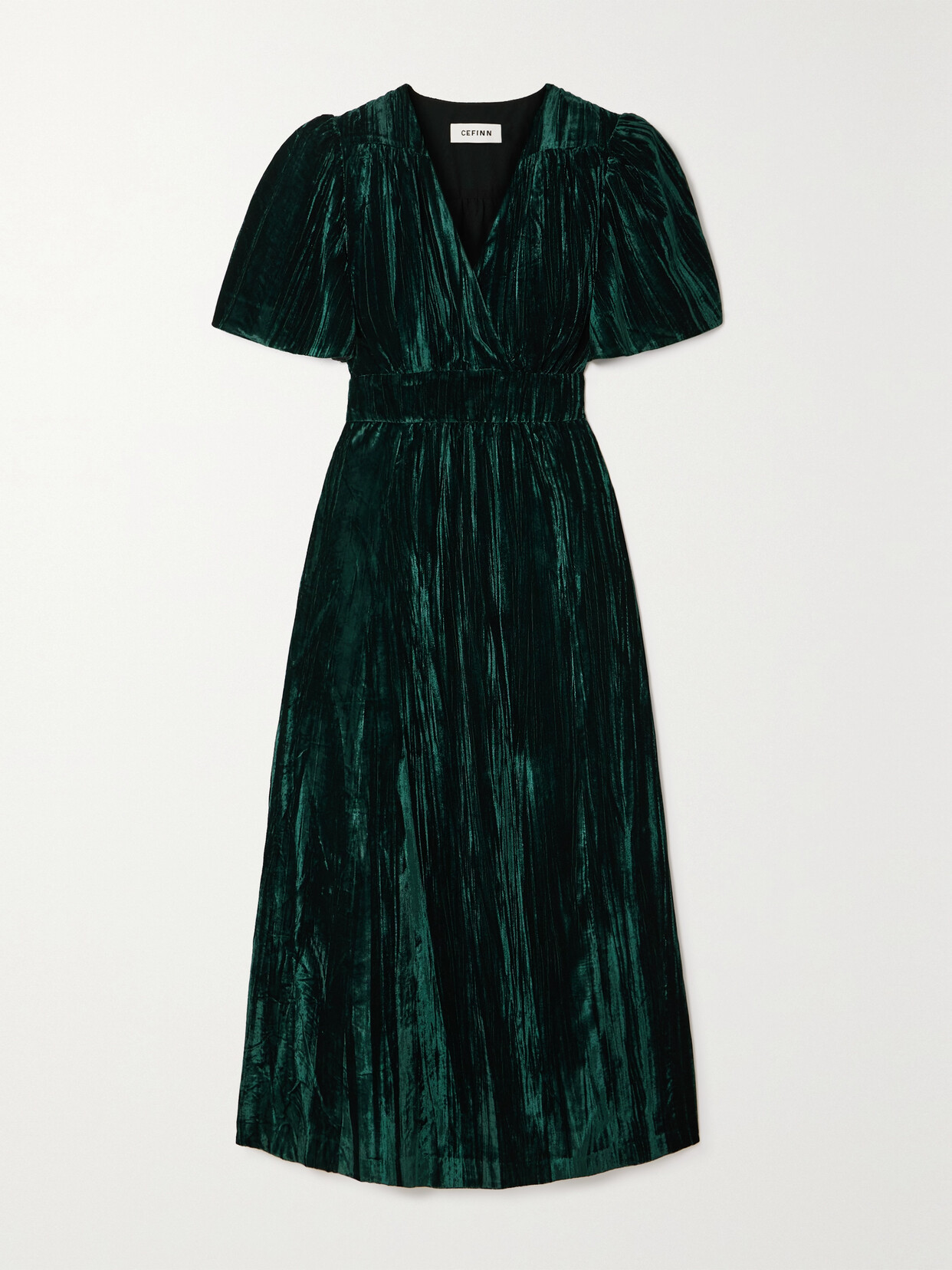 Shop Cefinn Gina Wrap-effect Plissé-velvet Midi Dress In Green