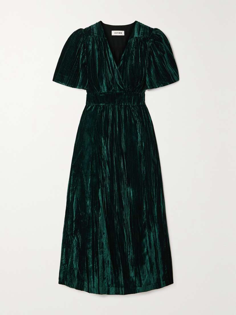 Cefinn Gina Wrap-effect Plissé-velvet Midi Dress - UK 6