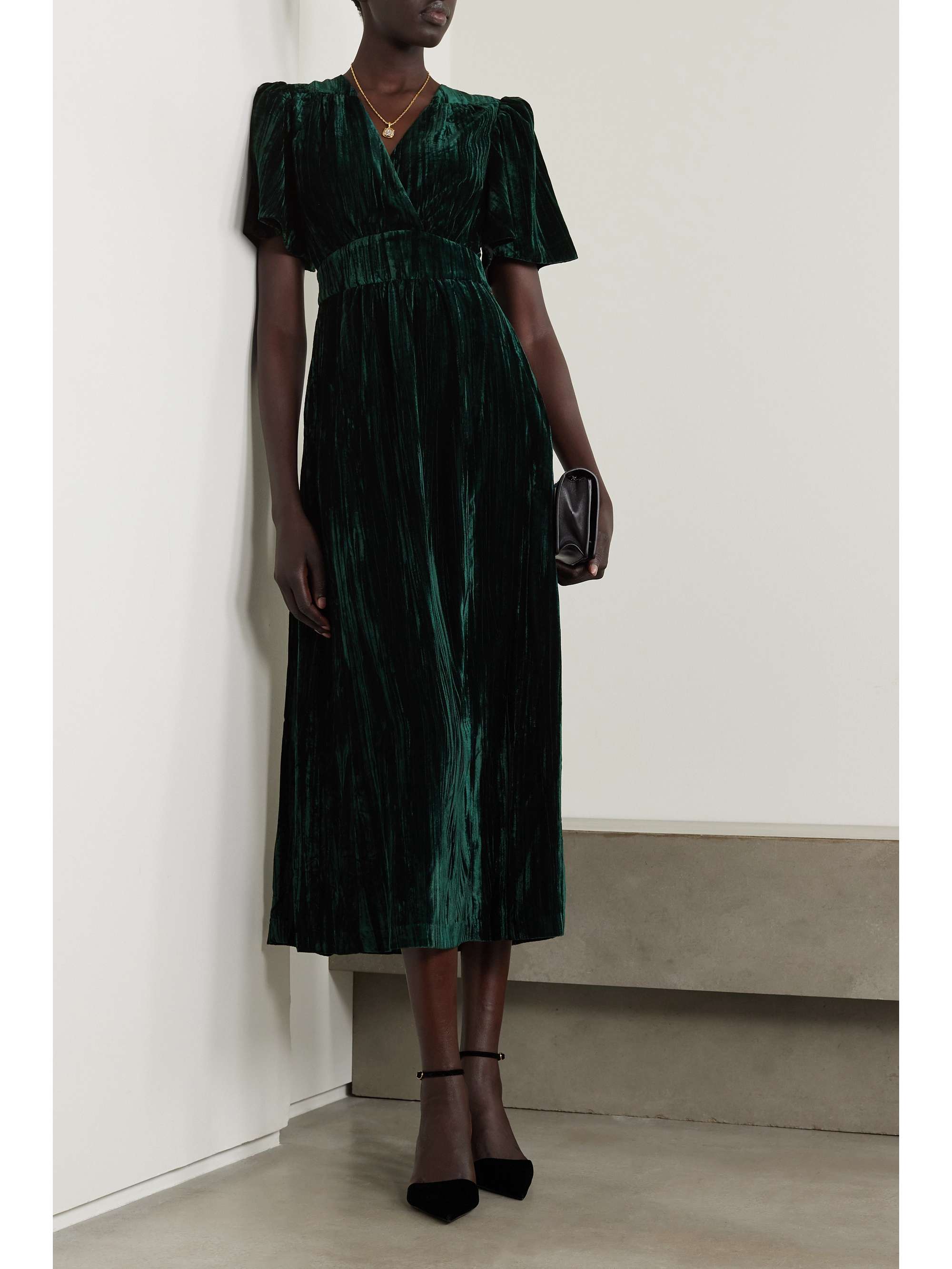 CEFINN Gina wrap-effect plissé-velvet midi dress | NET-A-PORTER