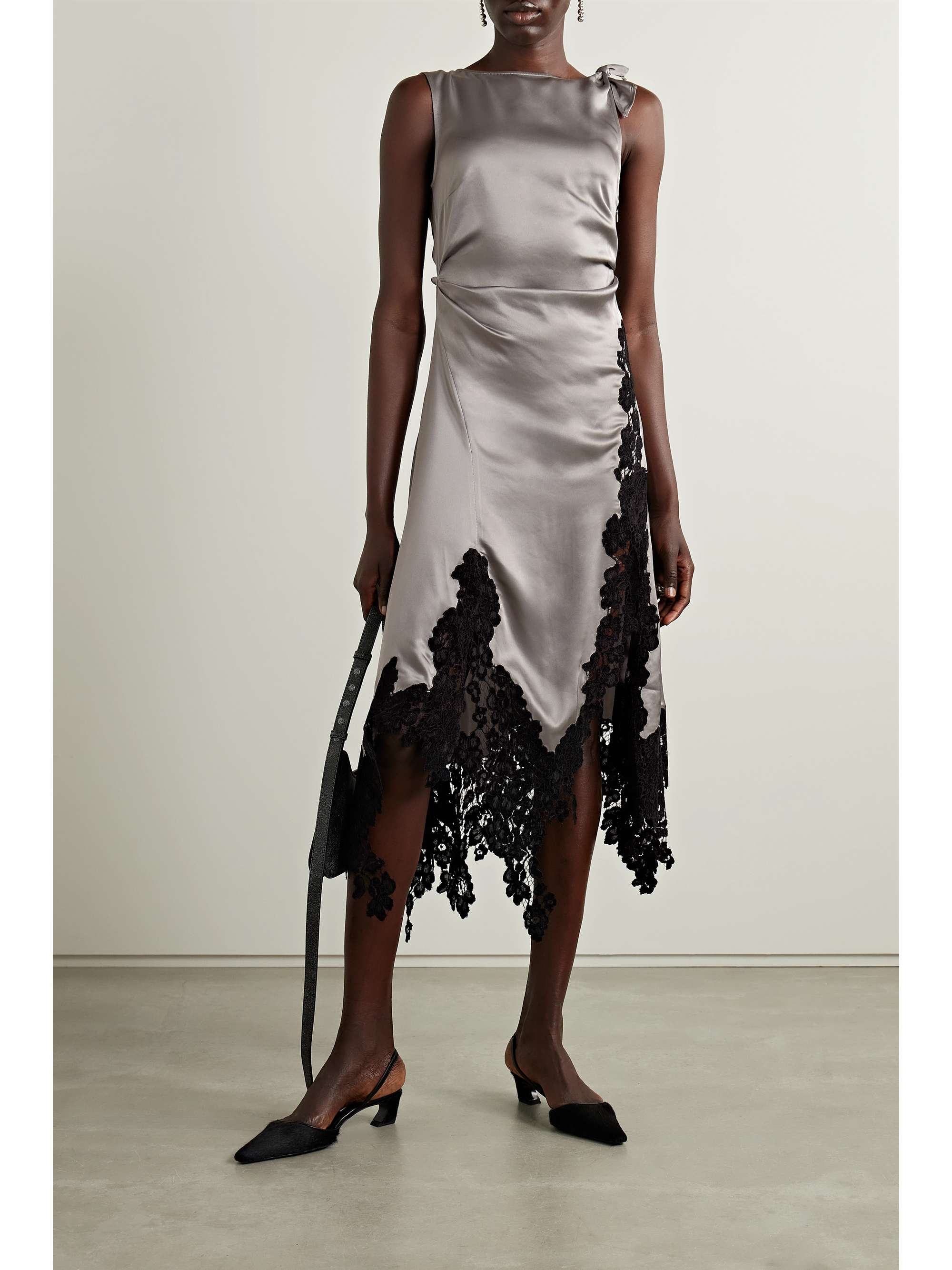 ACNE STUDIOS Asymmetric corded lacetrimmed gathered satin dress NET