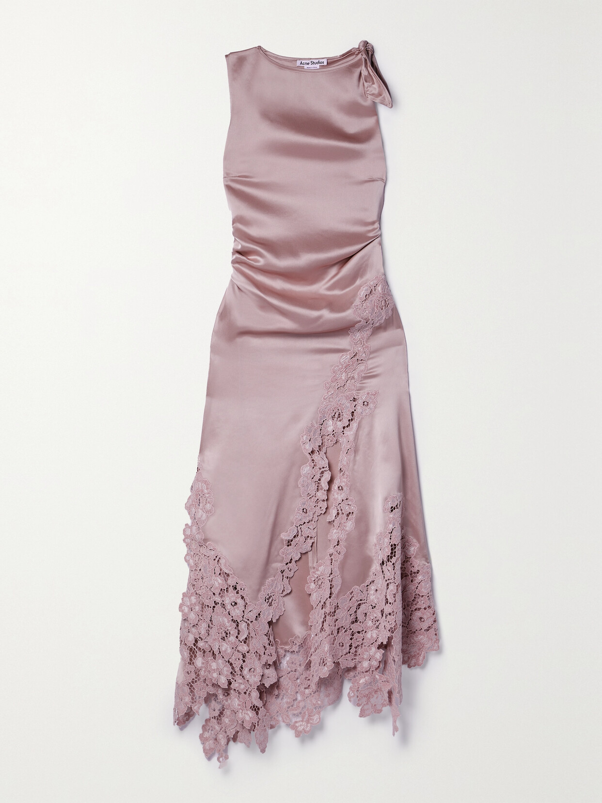 Acne Studios - Asymmetric Corded Lace-trimmed Gathered Satin Midi Dress - Pink