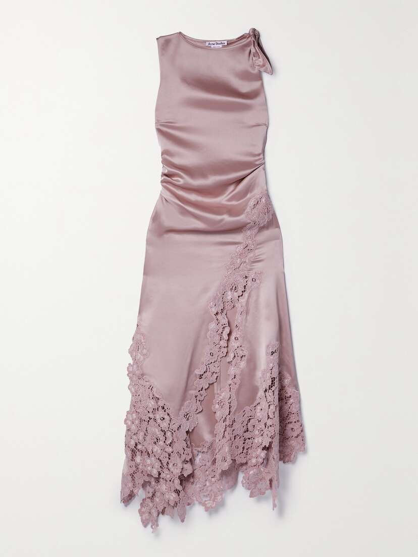 Acne Studios Asymmetric Corded Lace-trimmed Gathered Satin Midi Dress - EU 42