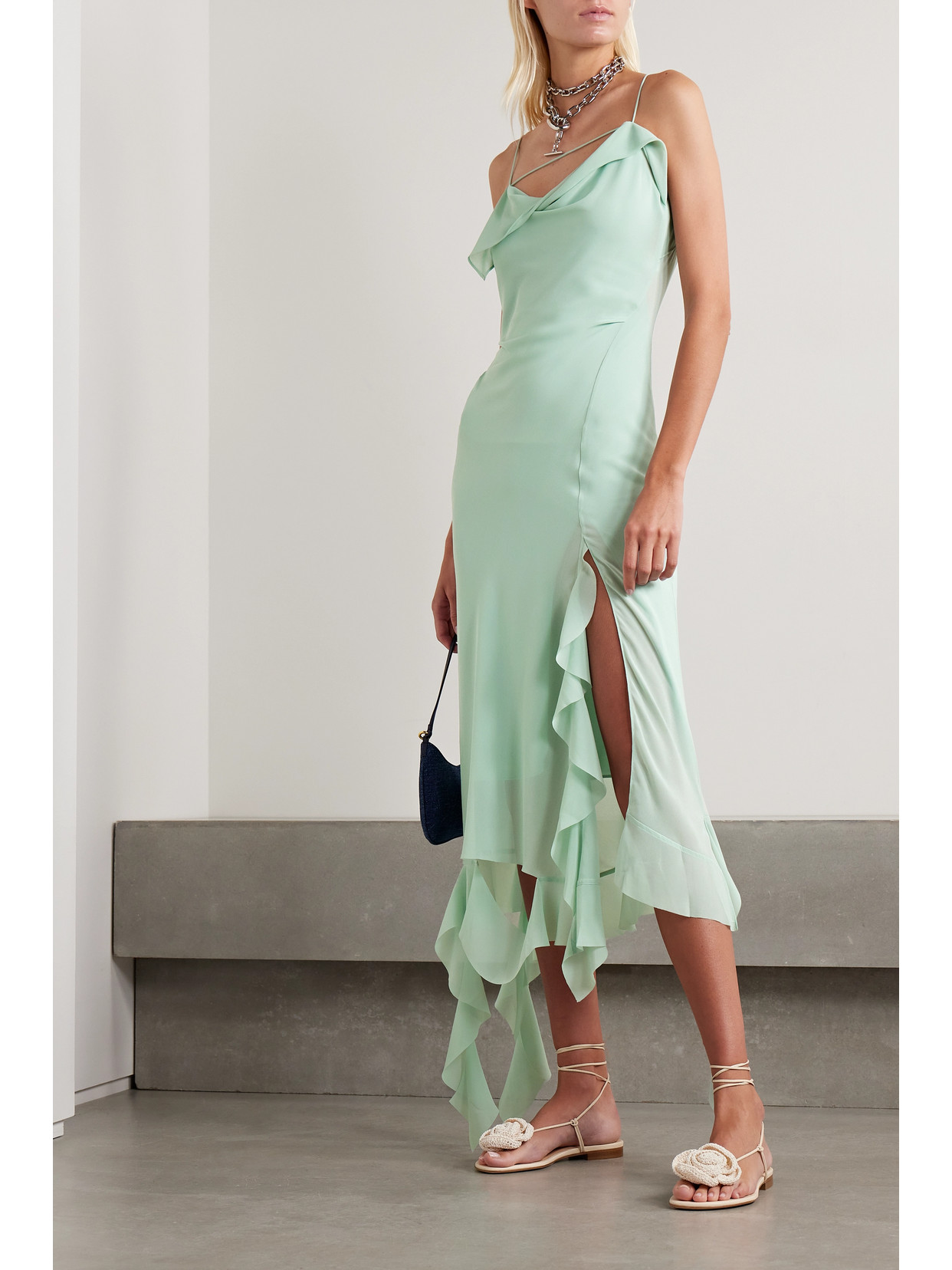 Shop Acne Studios Asymmetric Layered Ruffled Chiffon Midi Dress In Blue