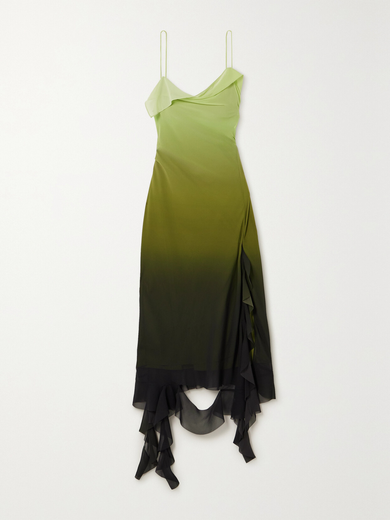 Shop Acne Studios Asymmetric Ruffled Ombré Chiffon Midi Dress In Green