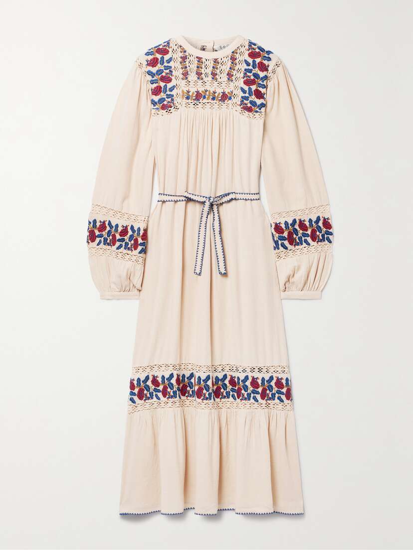 Sea Nan Belted Crochet-trimmed Embroidered Silk-voile Midi Dress - x large