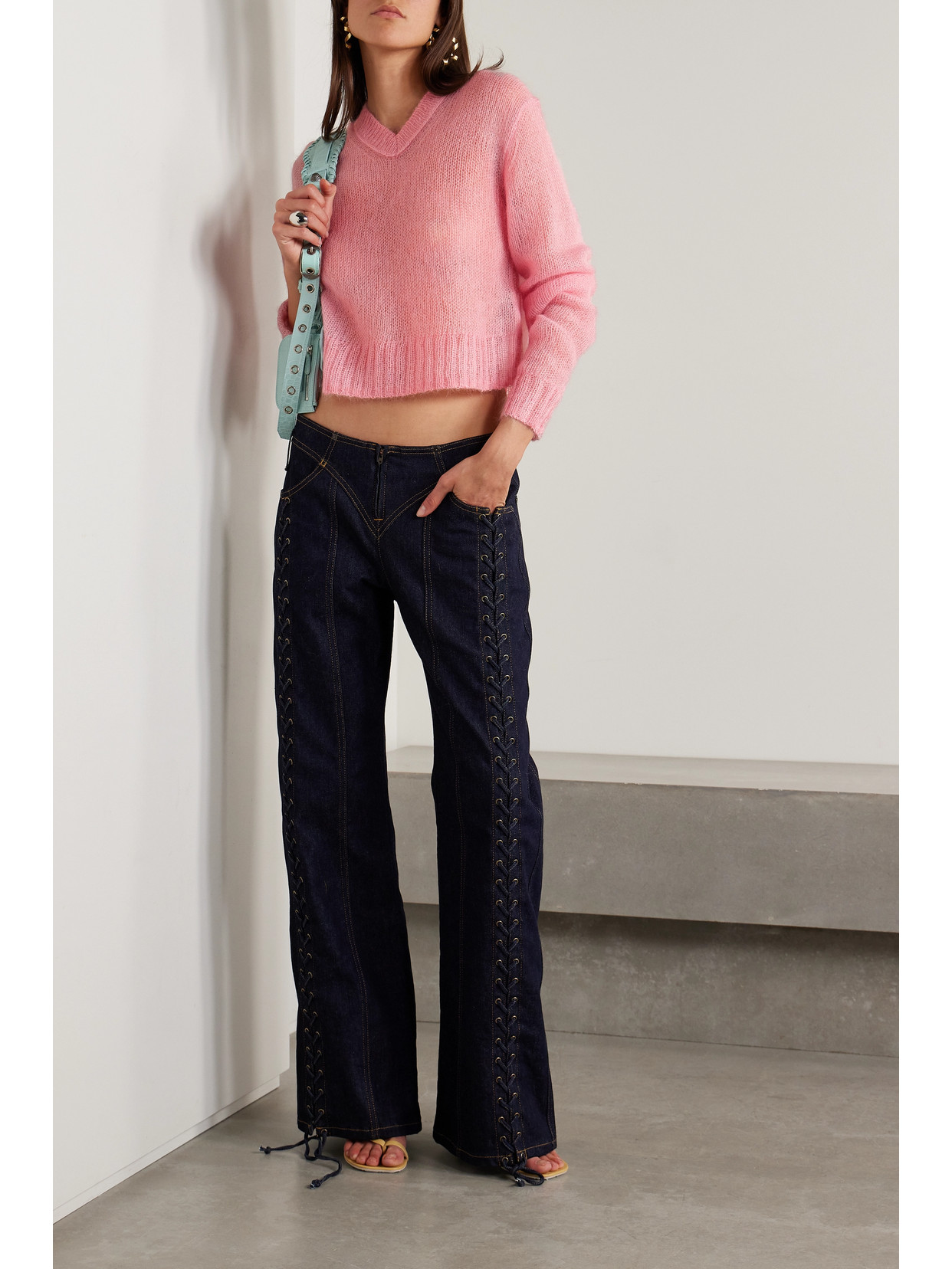 Shop Acne Studios Cropped Open-knit Mohair-blend Sweater In Pink