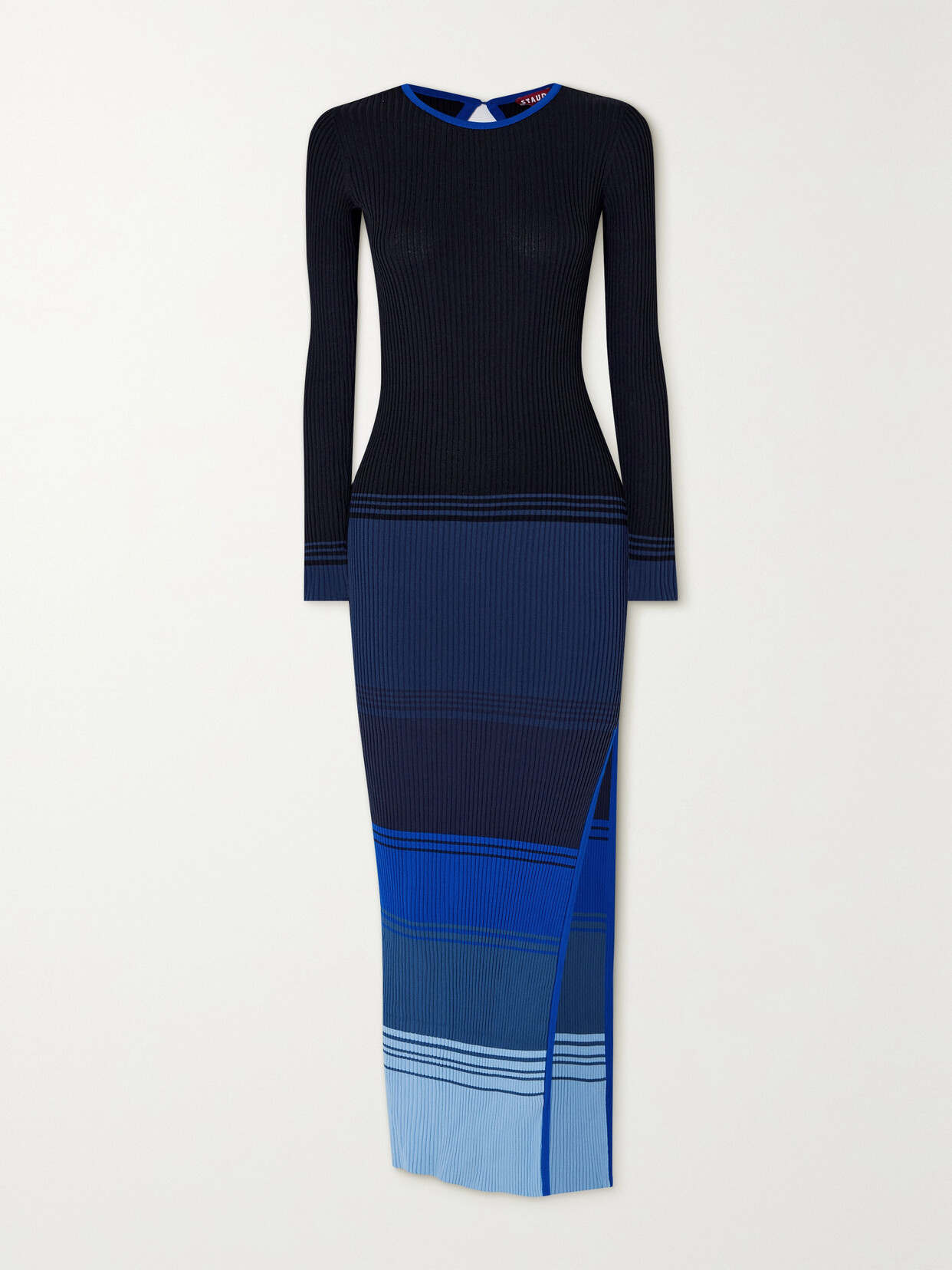 STAUD Edna Open-back Striped Ribbed-knit Midi Dress - Blue
