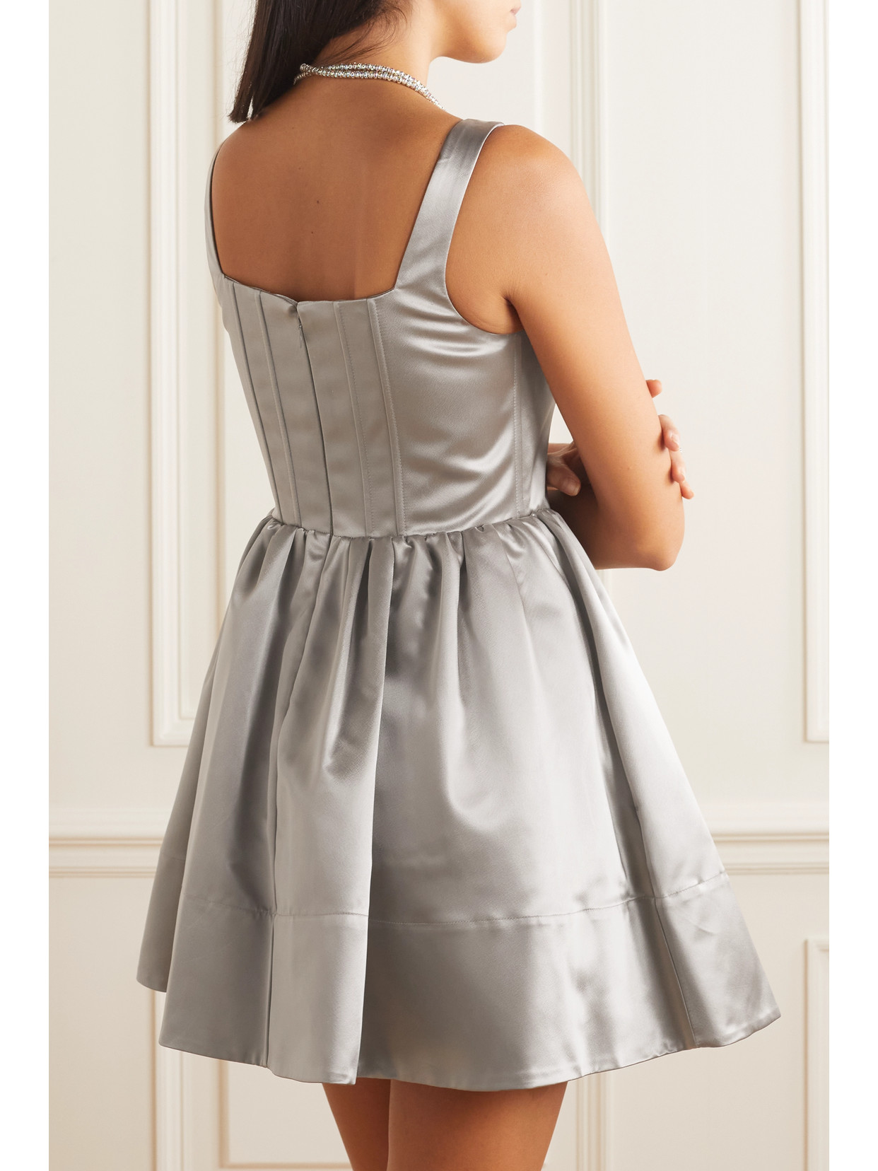 Staud Landscape Gathered Satin Mini Dress In Silver
