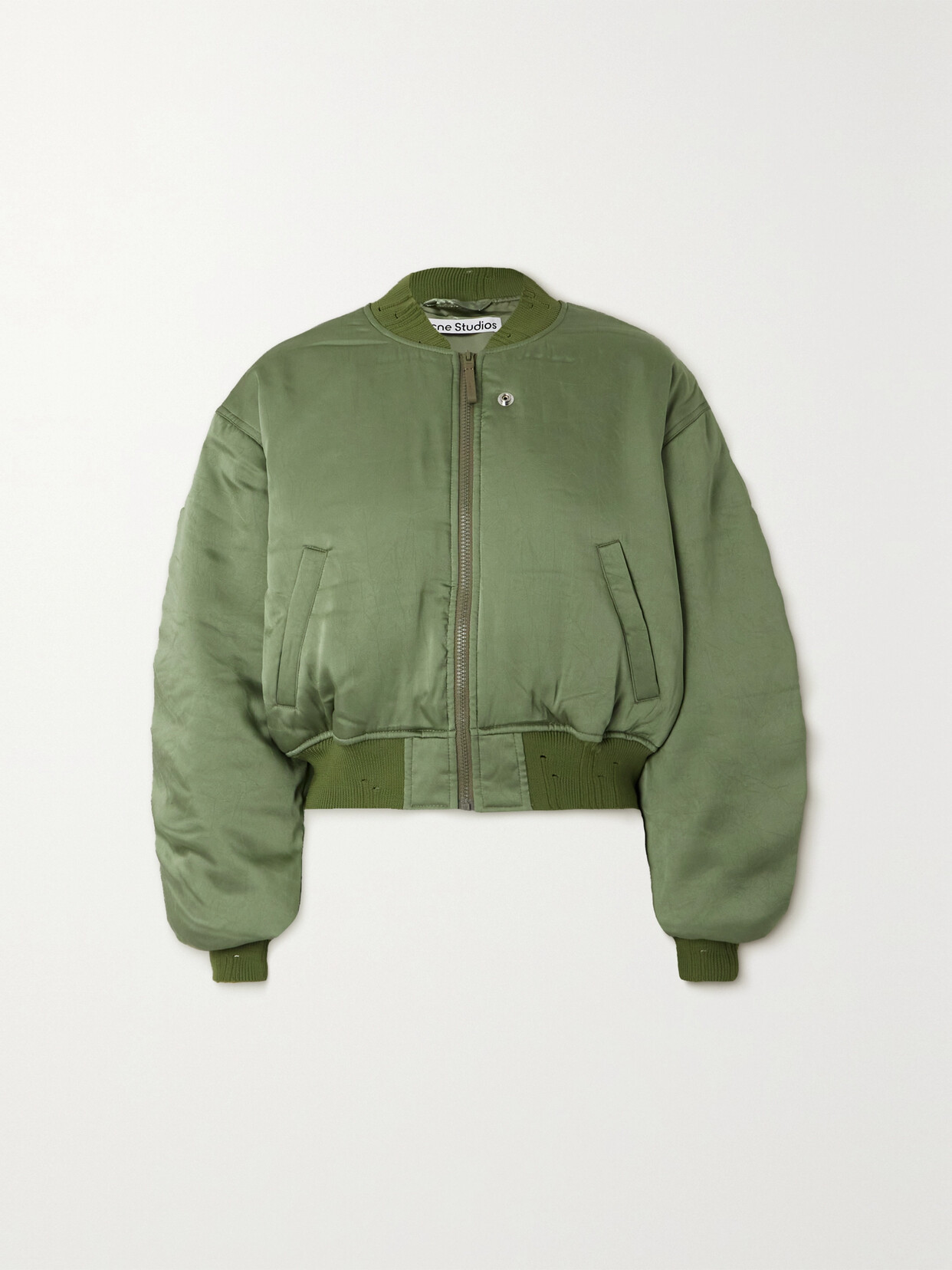 Acne Studios Embroidered Ruched Satin Bomber Jacket In Green