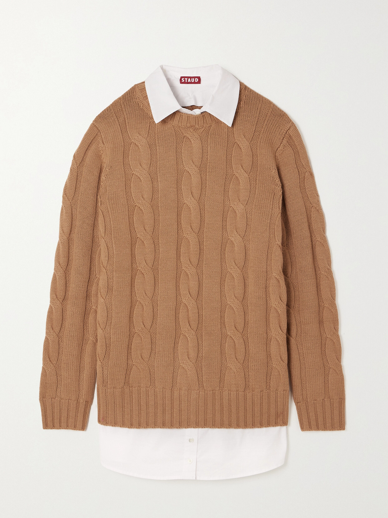 STAUD Aldrin Layered Cotton-poplin And Cable-knit Wool Mini Dress