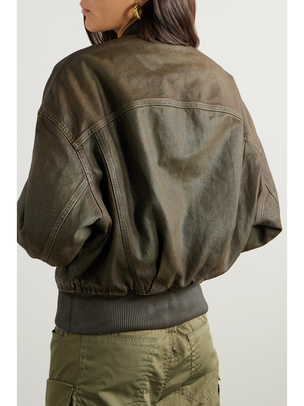 Shop Acne Studios Oversized Distressed Denim-trimmed Faux Leather Jacket In Green