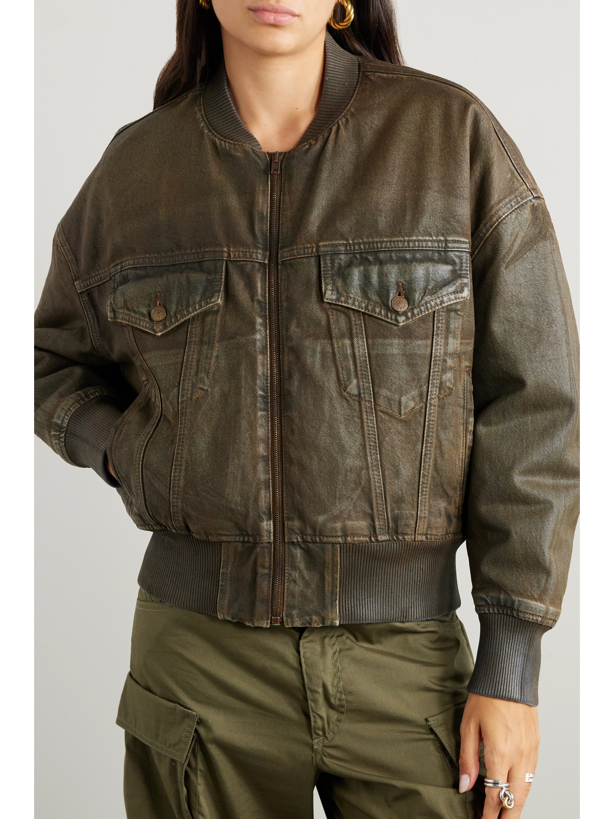 Shop Acne Studios Oversized Distressed Denim-trimmed Faux Leather Jacket In Green