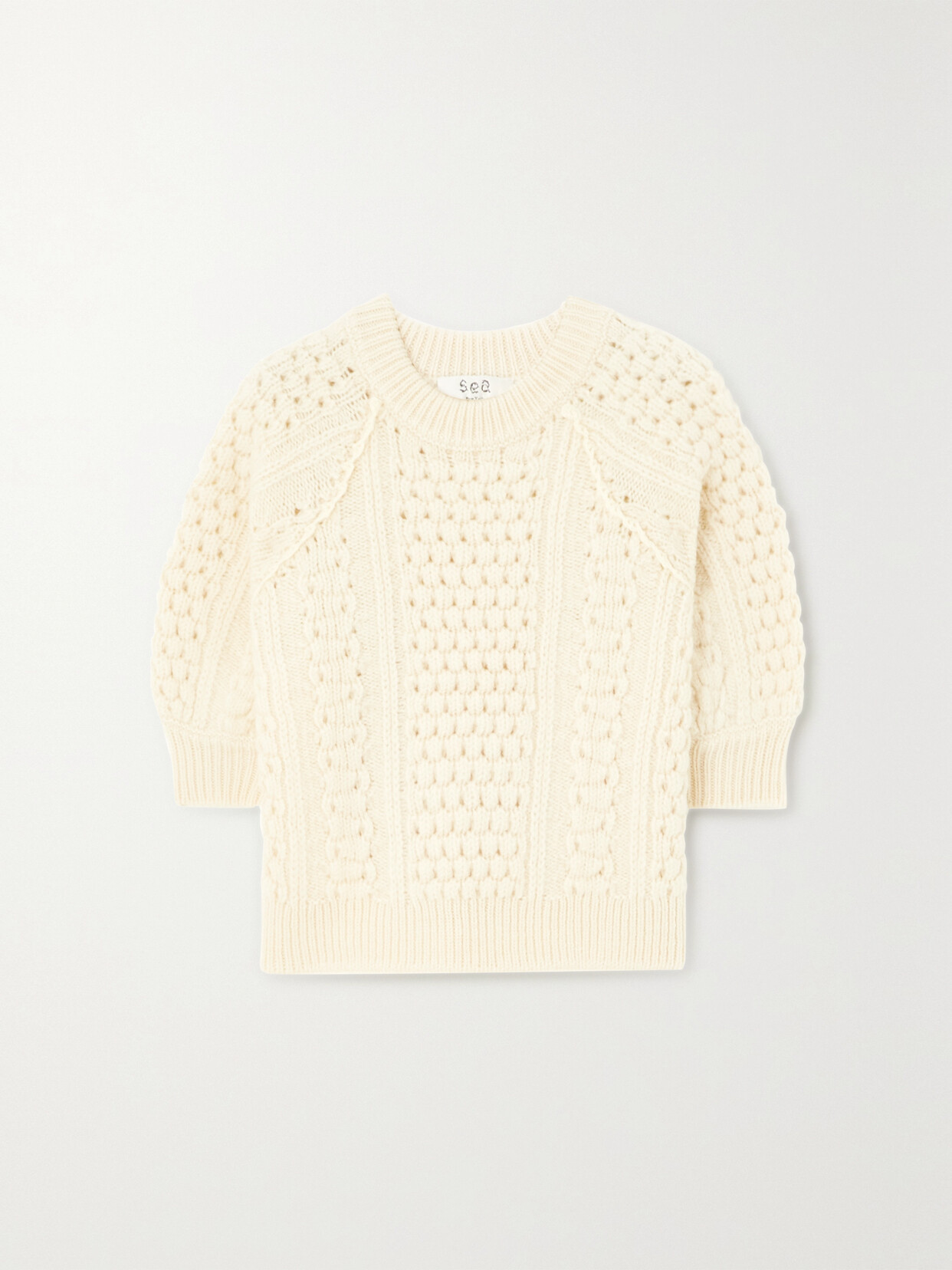 Sea - Leni Cotton Jersey-trimmed Cable-knit Wool Sweater - Cream