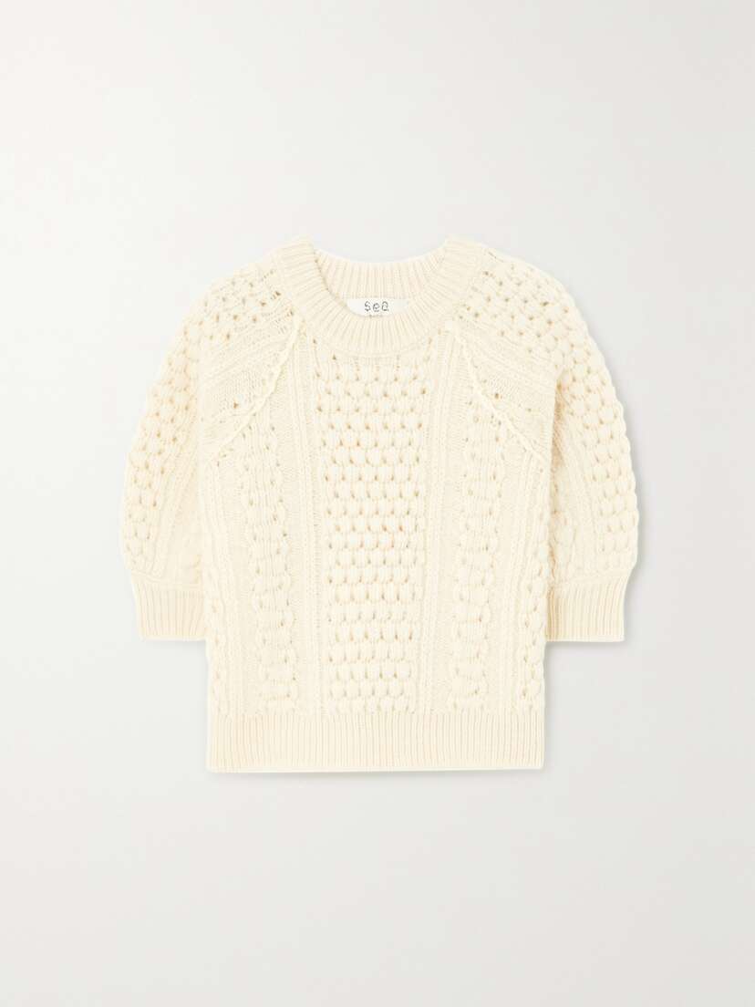 Sea Leni Cotton Jersey-trimmed Cable-knit Wool Sweater - x large