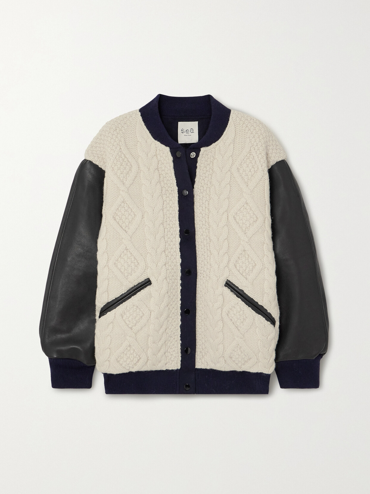 Sea - Braxton Leather-paneled Cable-knit Wool Jacket - Multi