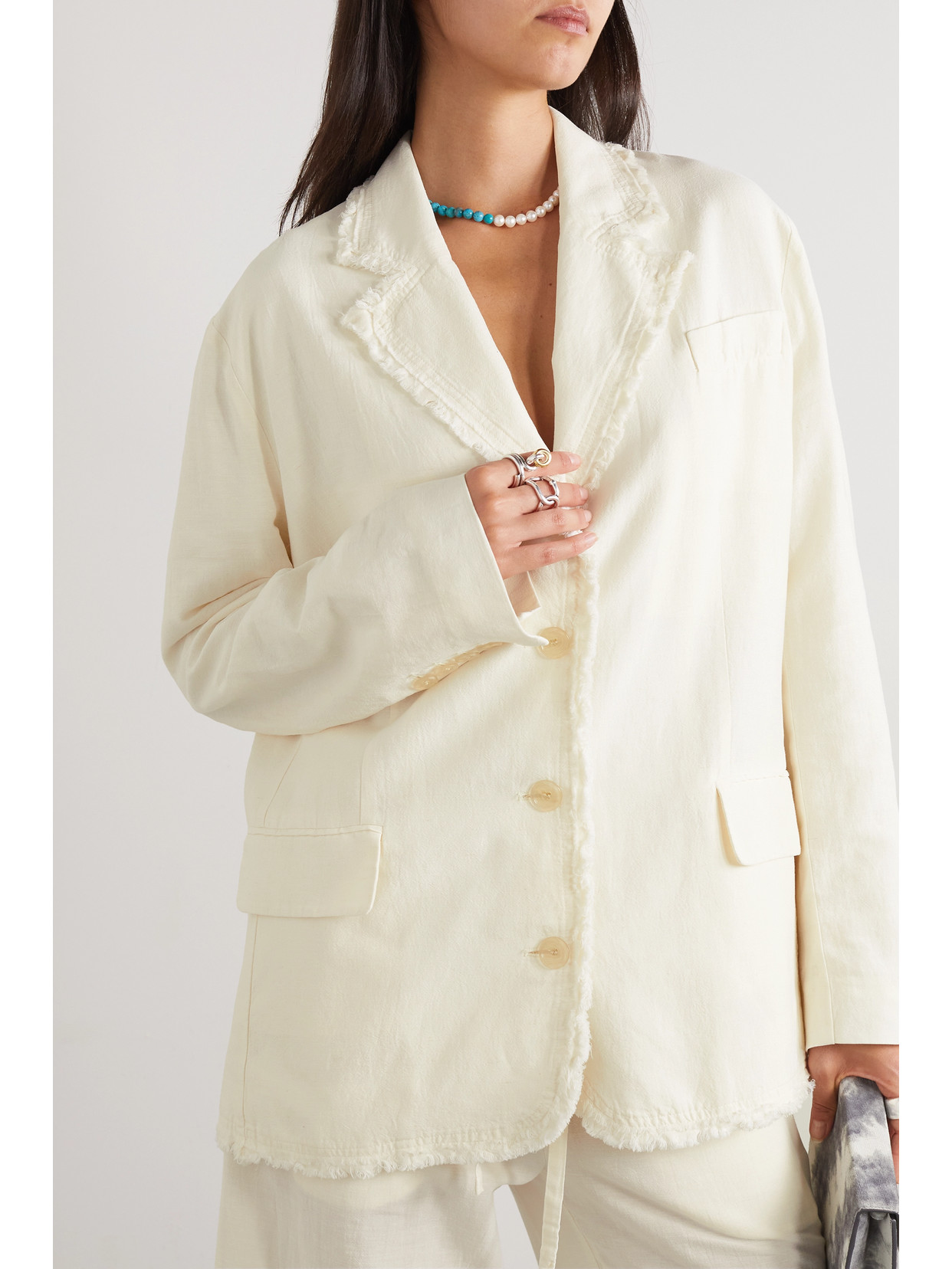 Shop Acne Studios Frayed Cotton And Linen-blend Blazer In Off-white