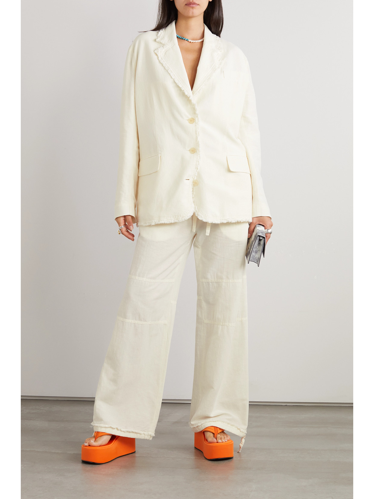 Shop Acne Studios Frayed Cotton And Linen-blend Blazer In Off-white