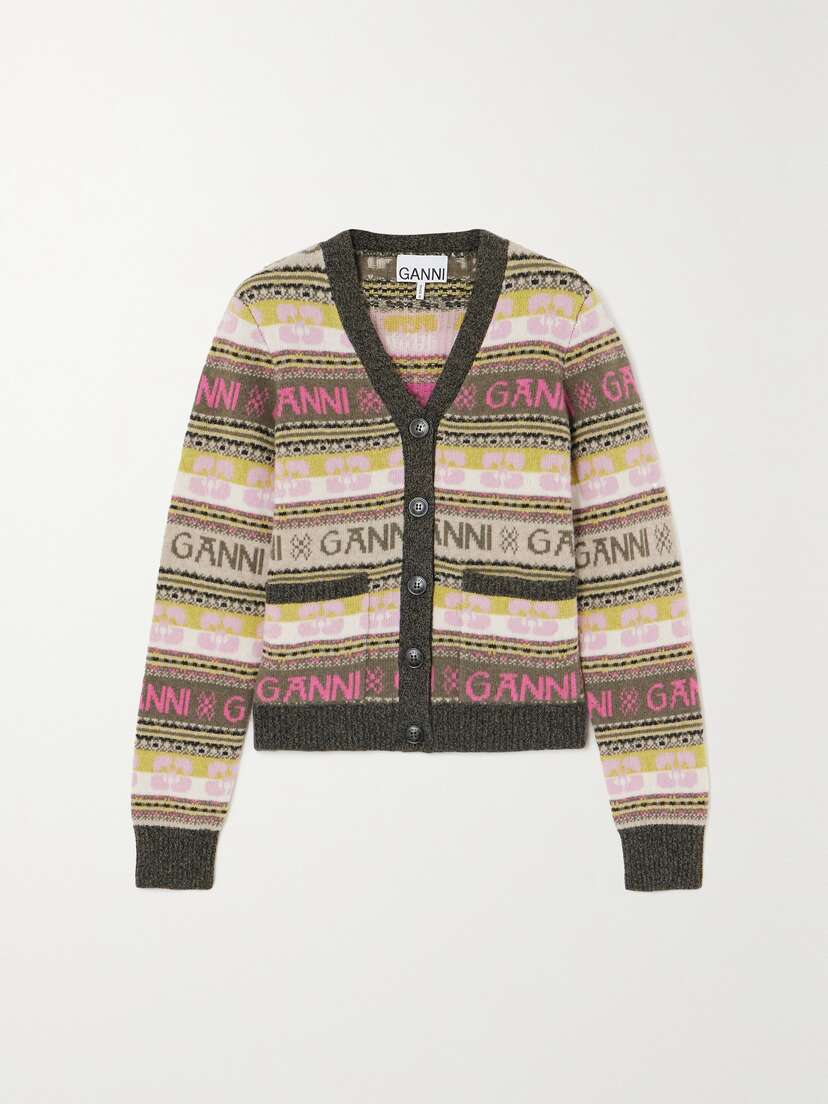 Ganni Intarsia-knit Wool-blend Cardigan
