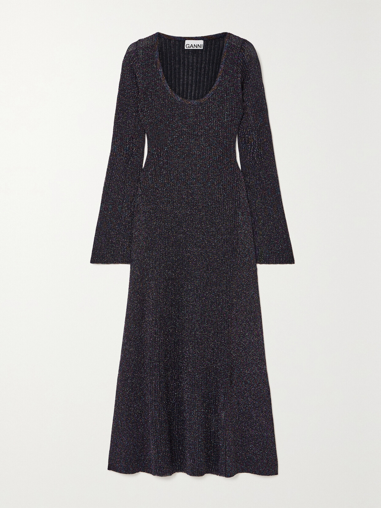 GANNI Metallic Recycled Ribbed-knit Midi Dress - Blue