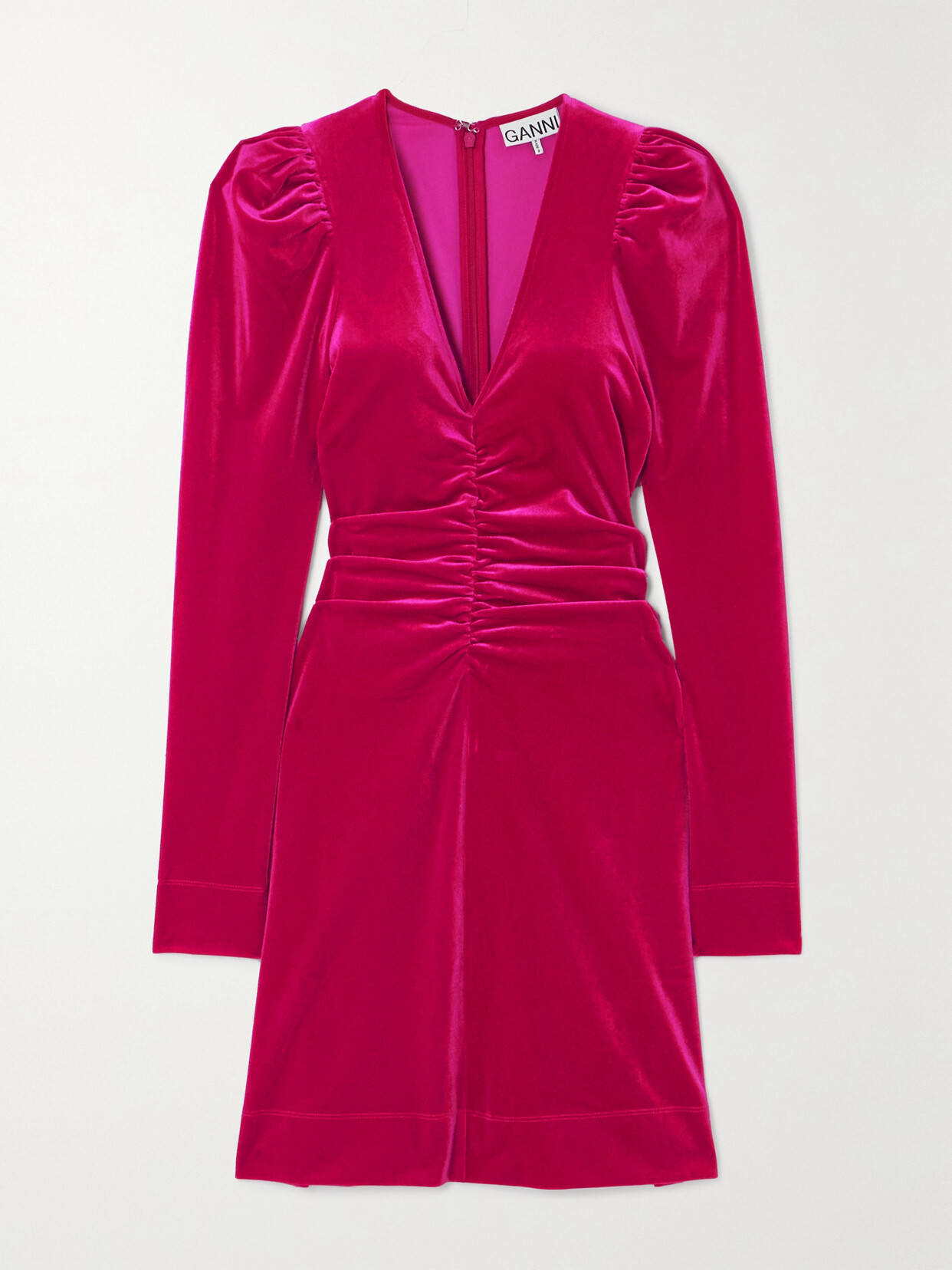 GANNI Ruched Stretch Recycled-velvet Mini Dress - Pink