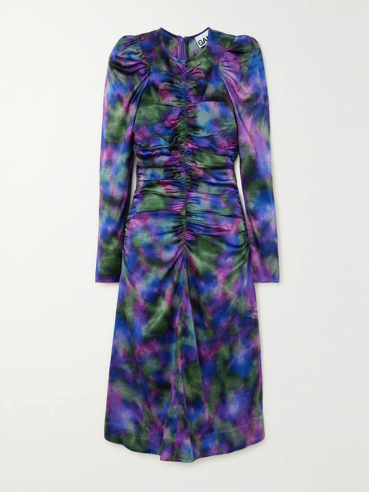 GANNI Ruched Printed Stretch Organic Silk-satin Midi Dress