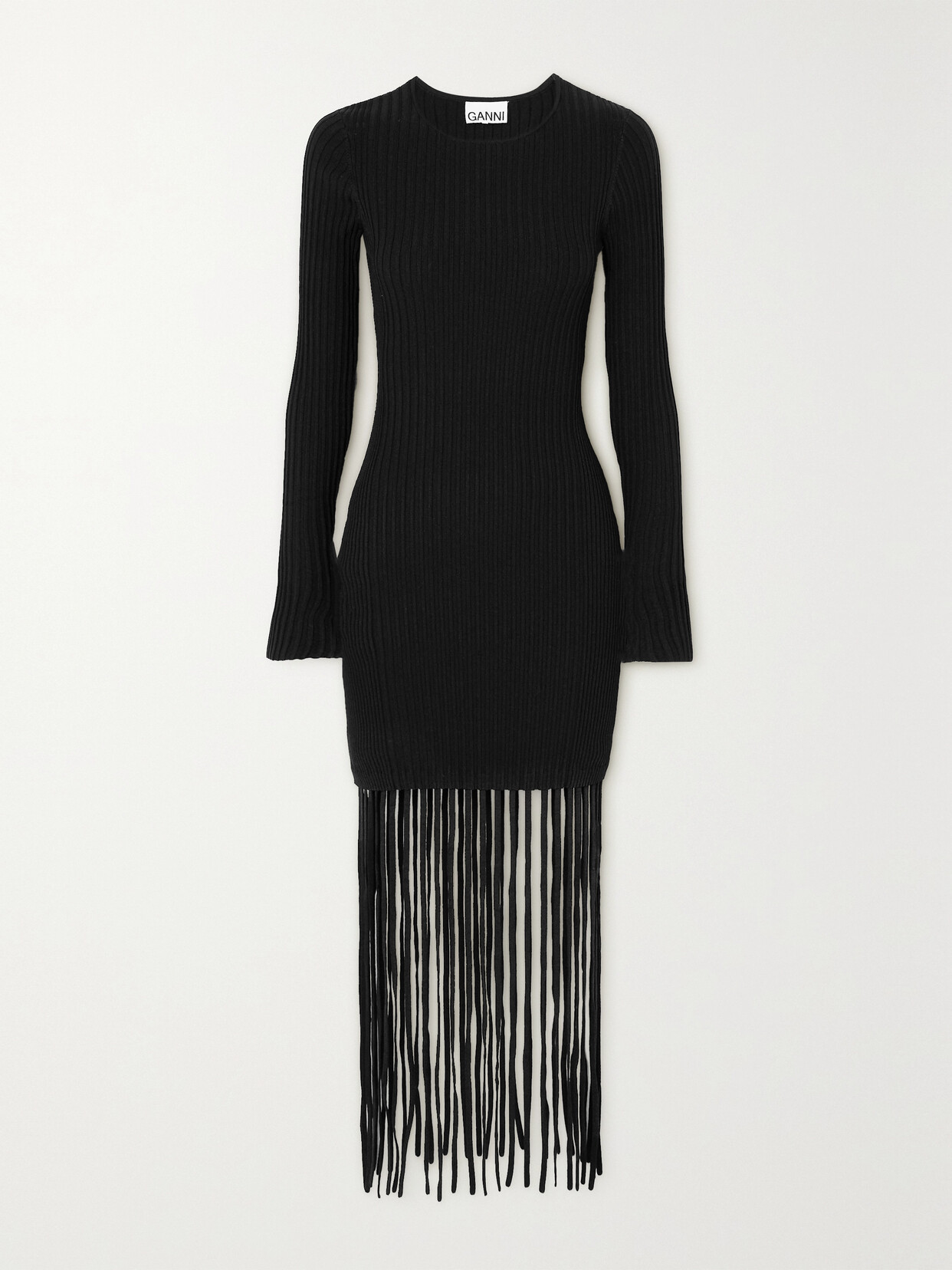 Ganni Melange-knit Fringe Midi Dress In Black