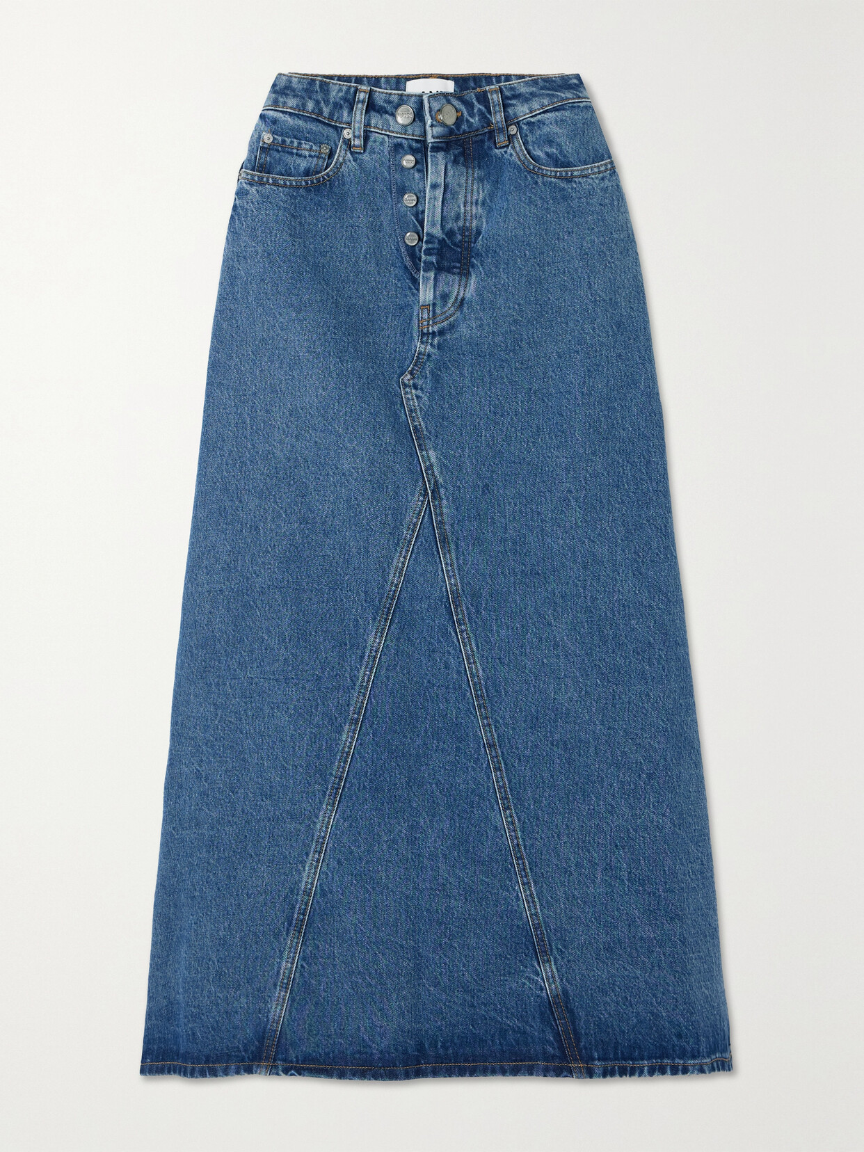 Ganni Dyed Button-fly Denim Maxi Skirt In Blue