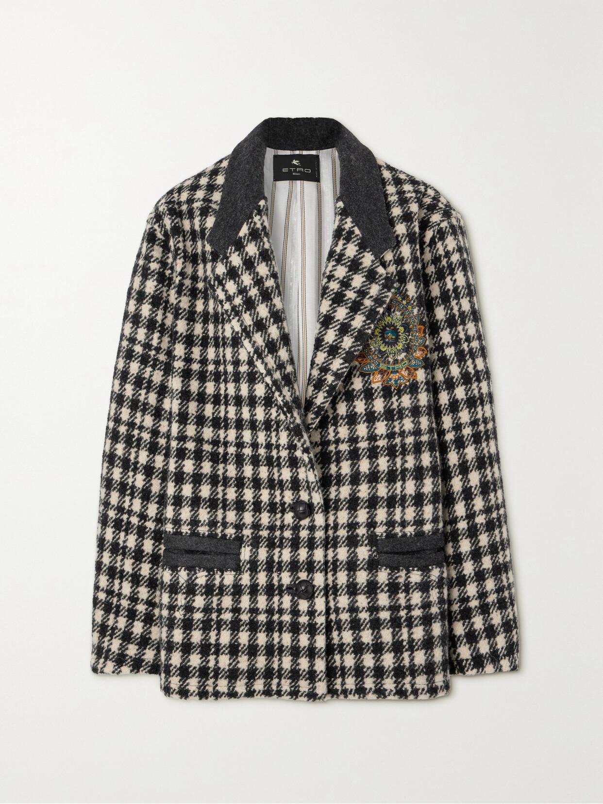 Etro - Embroidered Houndstooth Woven Coat - Black