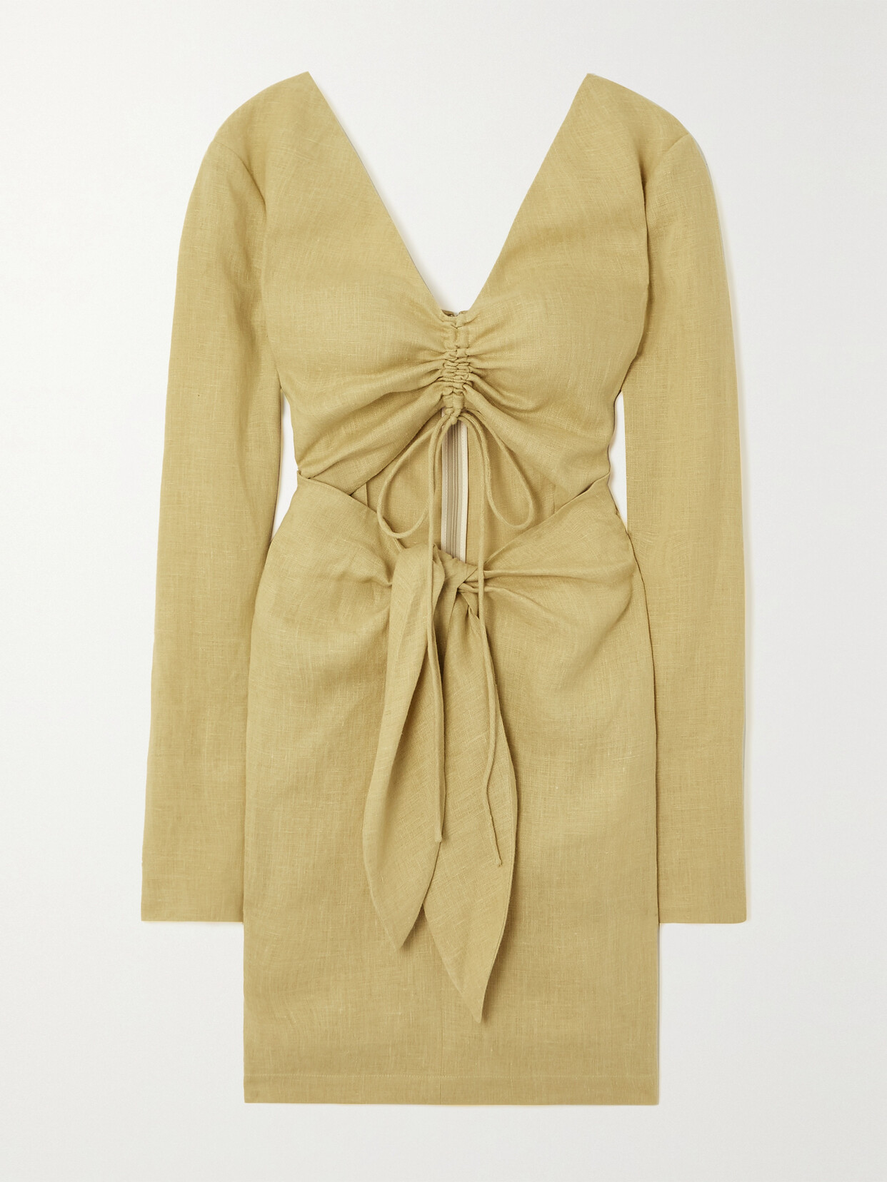 Nanushka Gilia Ruched Knotted Cutout Linen Mini Dress - Neutrals
